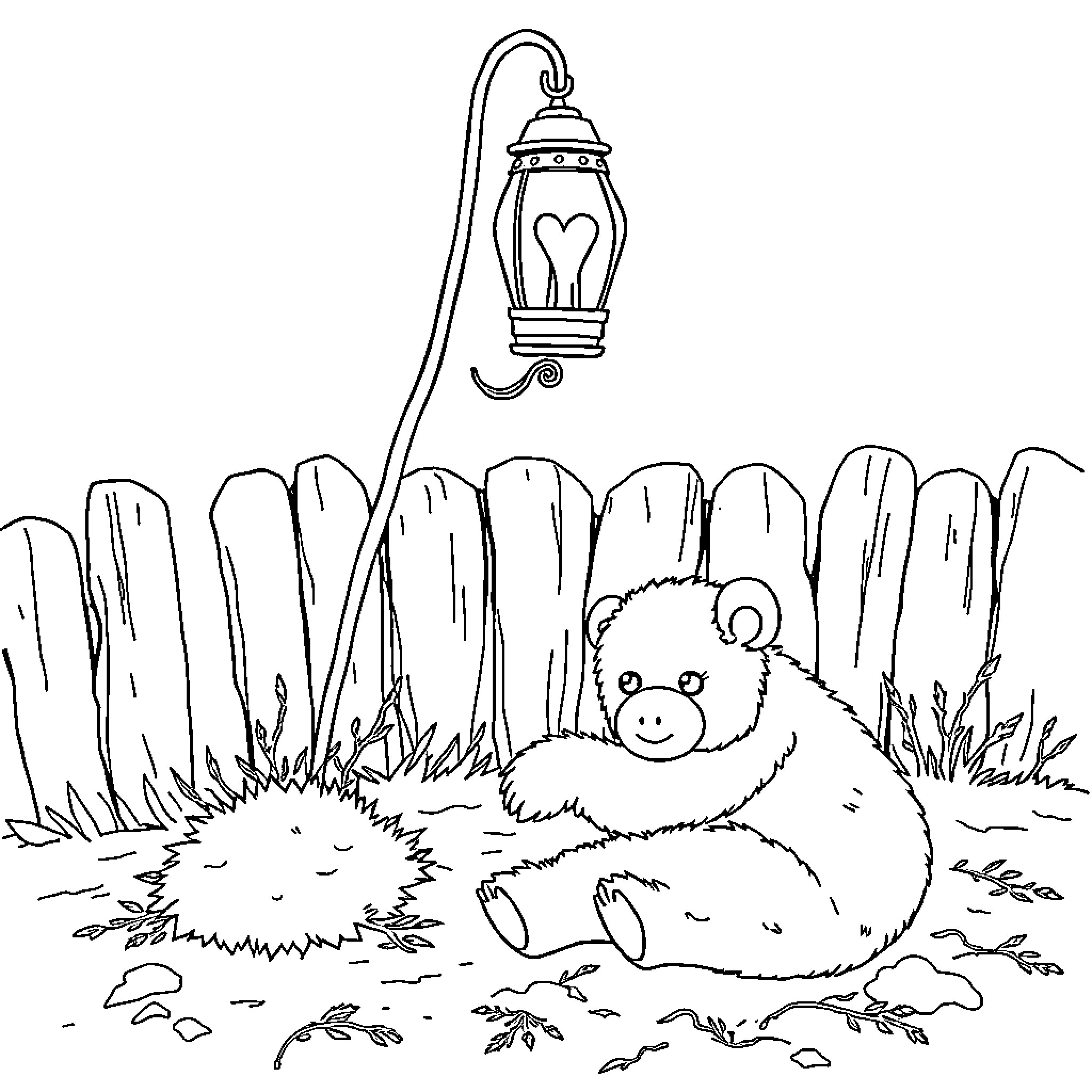 Lamp illuminates a cozy bear's den Coloring Page (free black-and-white line drawing printable PDF for all, from beginners to advanced learners, including children, teens, adults, and seniors)