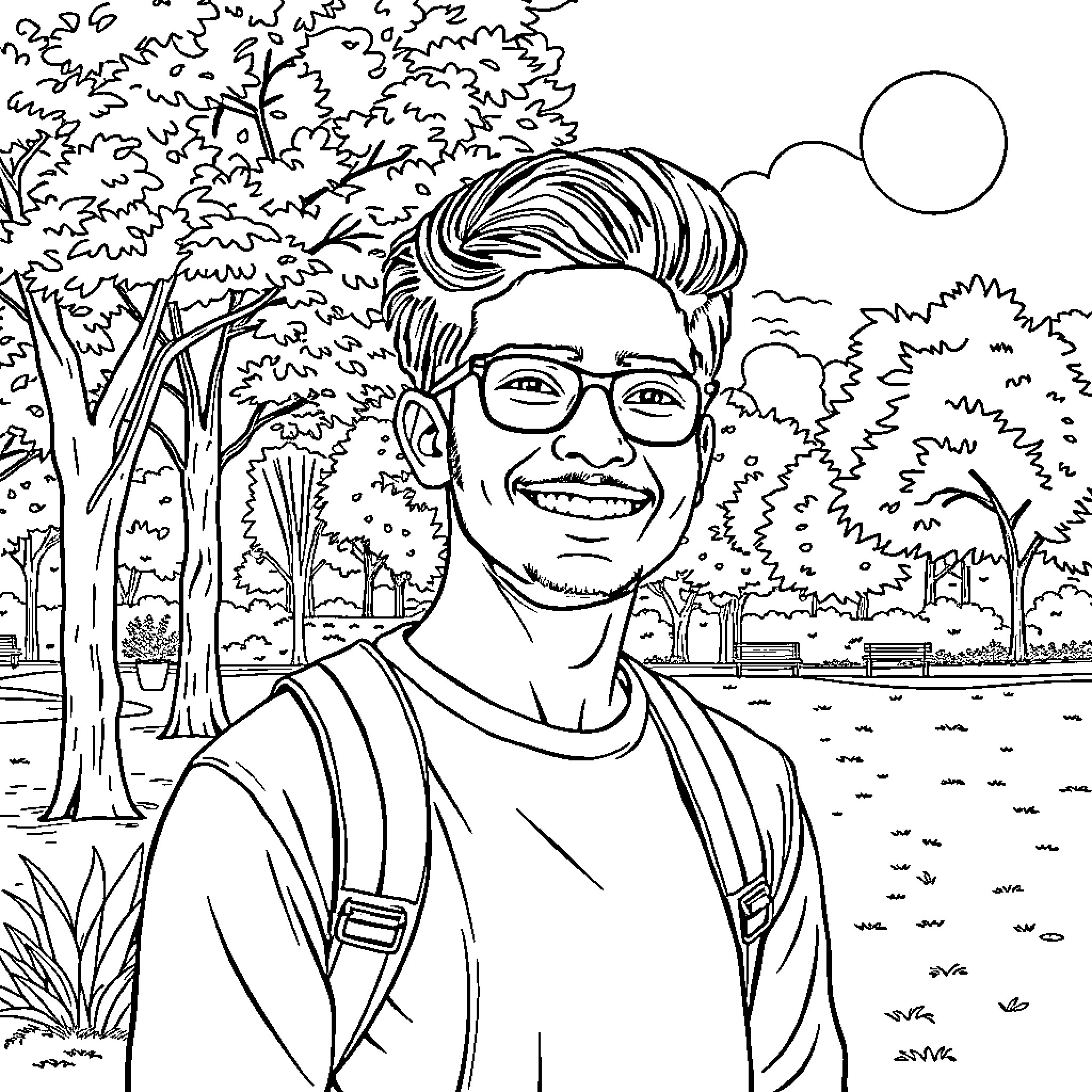 Nikhil exploring the serene park landscape Coloring Page (free black-and-white line drawing printable PDF for all, from beginners to advanced learners, including children, teens, adults, and seniors)