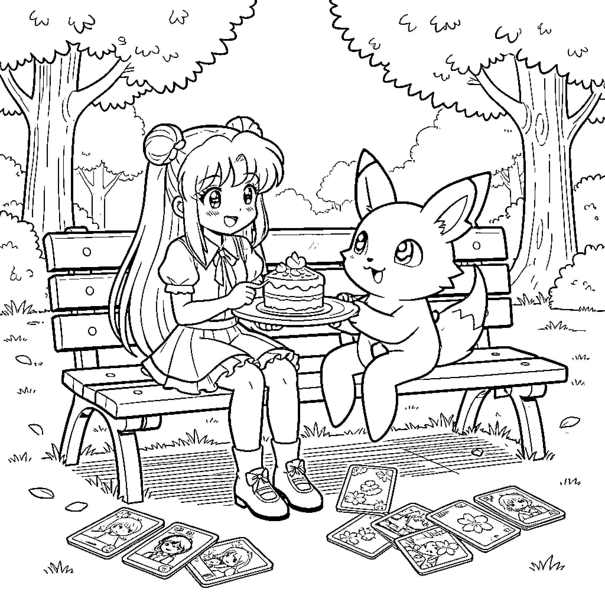 Cardcaptor Sakura and her magical companion enjoying a picnic Coloring Page (free black-and-white line drawing printable PDF for all, from beginners to advanced learners, including children, teens, adults, and seniors)