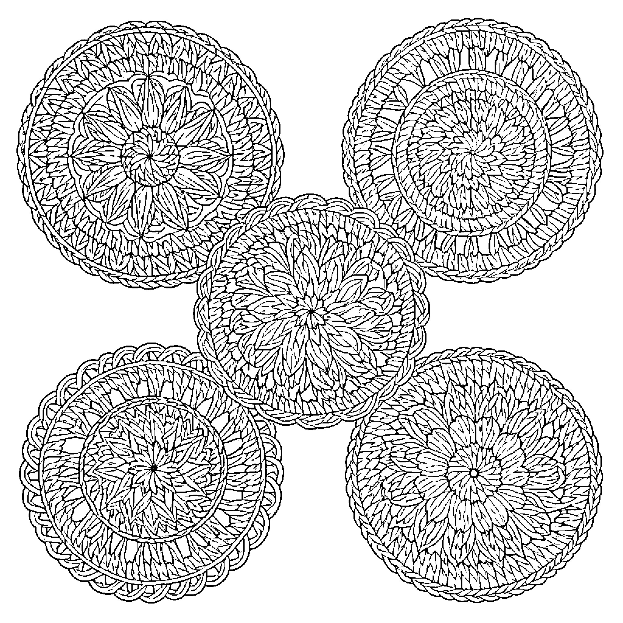 Crochet floral doilies in intricate patterns Coloring Page (free black-and-white line drawing printable PDF for all, from beginners to advanced learners, including children, teens, adults, and seniors)