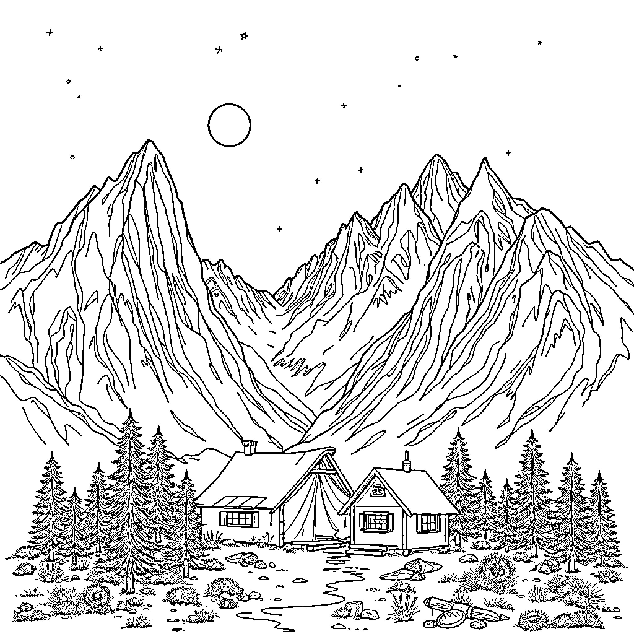Mountain Camping Scene with Tents and Starry Sky Coloring Page (free black-and-white line drawing printable PDF for all, from beginners to advanced learners, including children, teens, adults, and seniors)