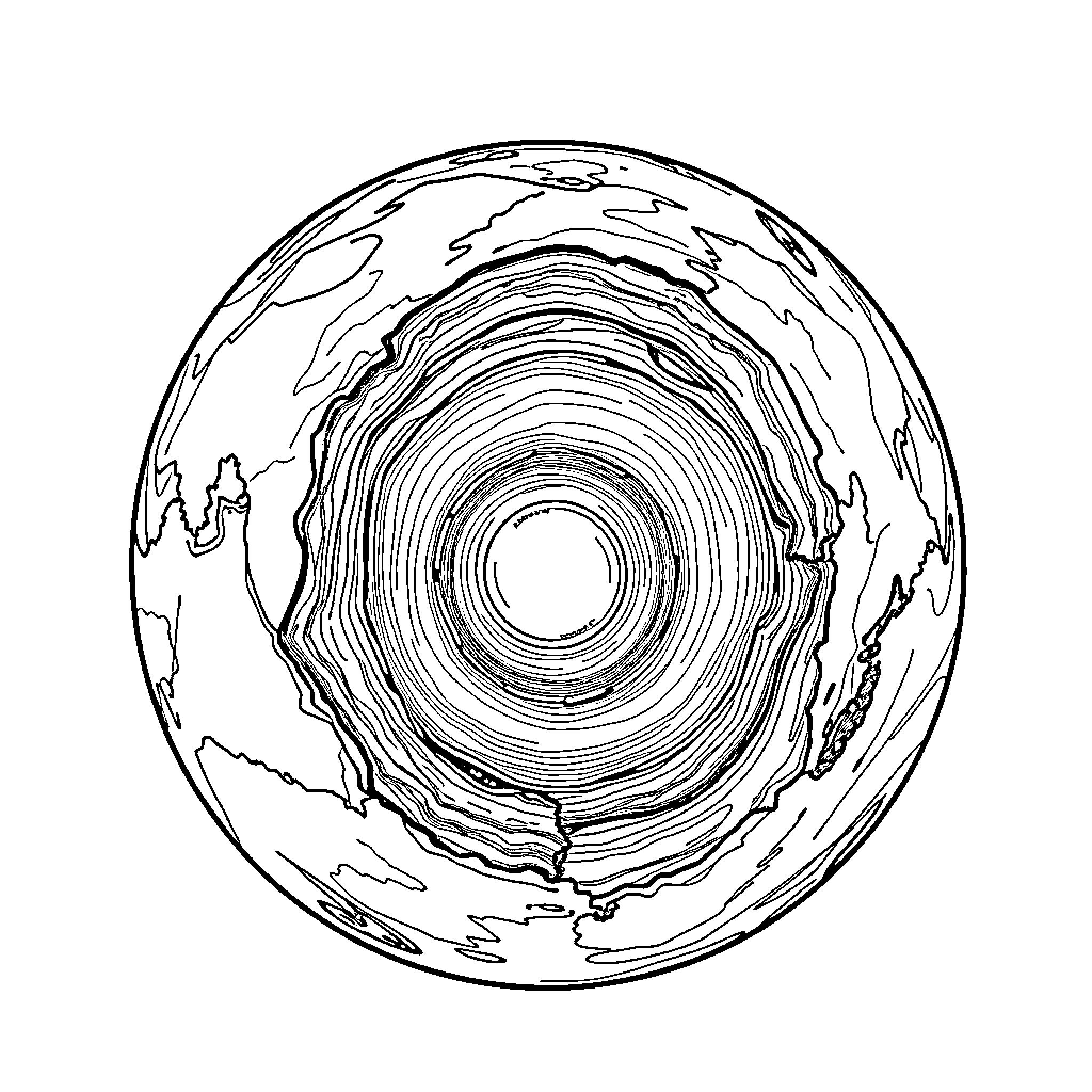 Earth's surface depicted in abstract concentric circles Coloring Page (free black-and-white line drawing printable PDF for all, from beginners to advanced learners, including children, teens, adults, and seniors)