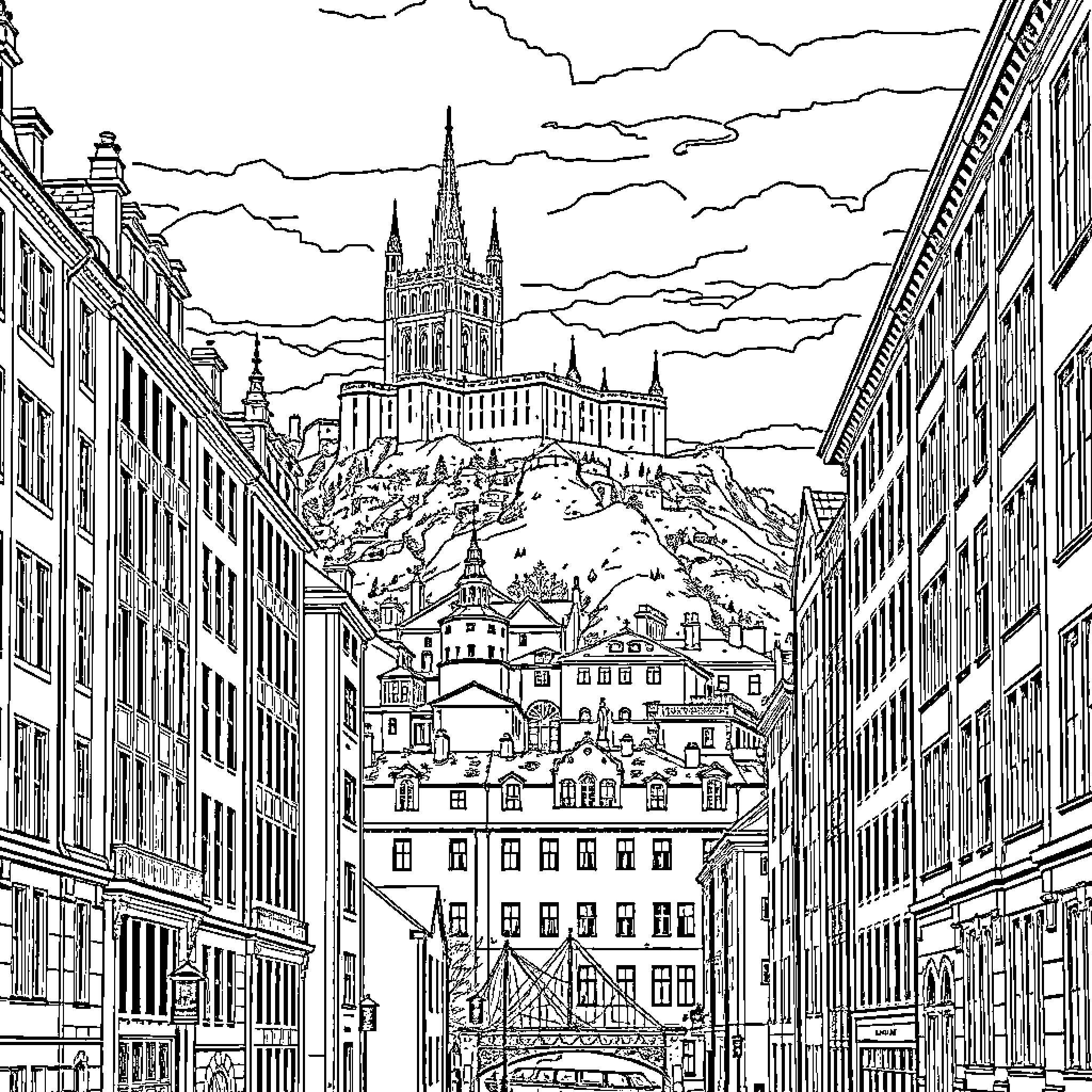 Edinburgh cityscape with historic architecture and landmarks Coloring Page (free black-and-white line drawing printable PDF for all, from beginners to advanced learners, including children, teens, adults, and seniors)