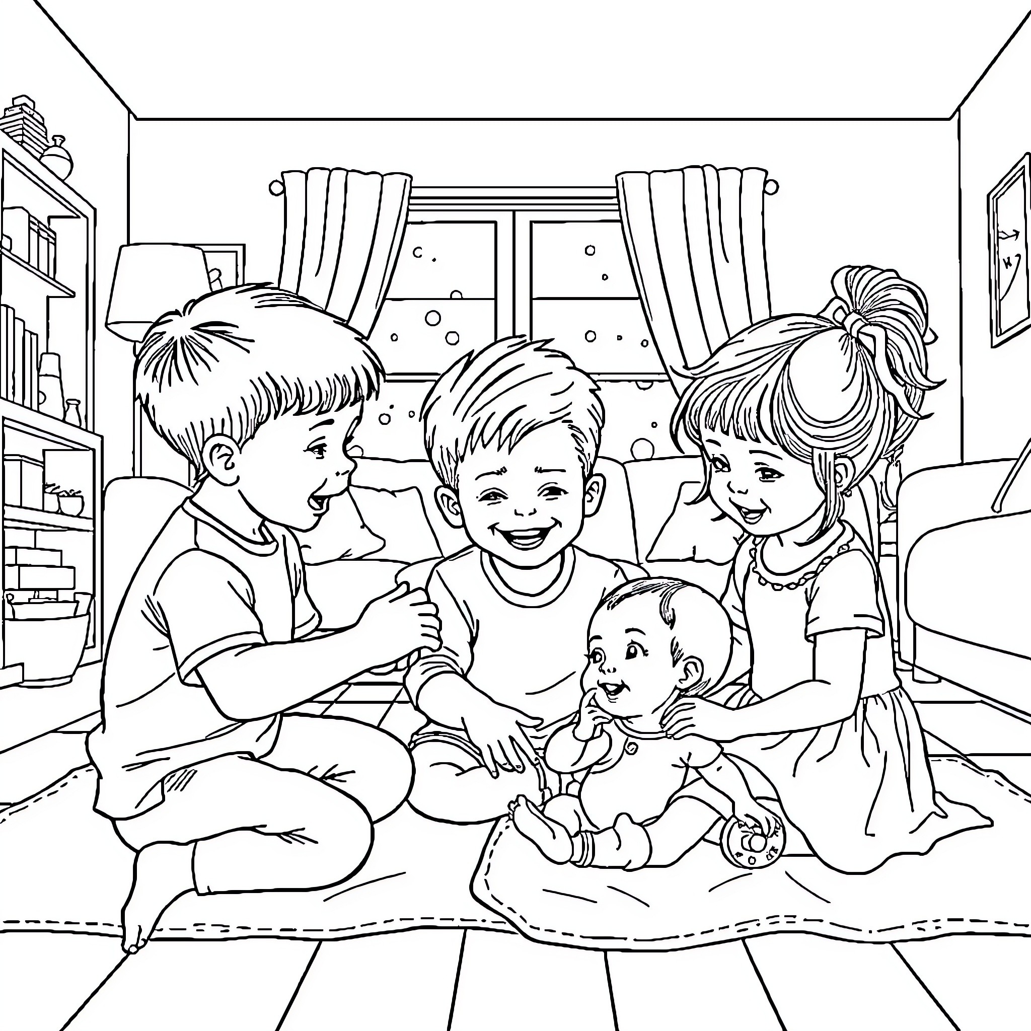 Boy with family relaxing in cozy living room Coloring Page (free black-and-white line drawing printable PDF for all, from beginners to advanced learners, including children, teens, adults, and seniors)