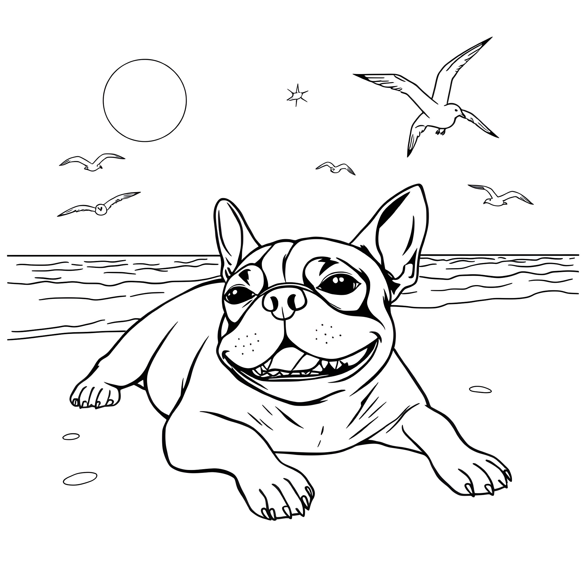 Boston Terrier enjoying the beach scenery Coloring Page (free black-and-white line drawing printable PDF for all, from beginners to advanced learners, including children, teens, adults, and seniors)
