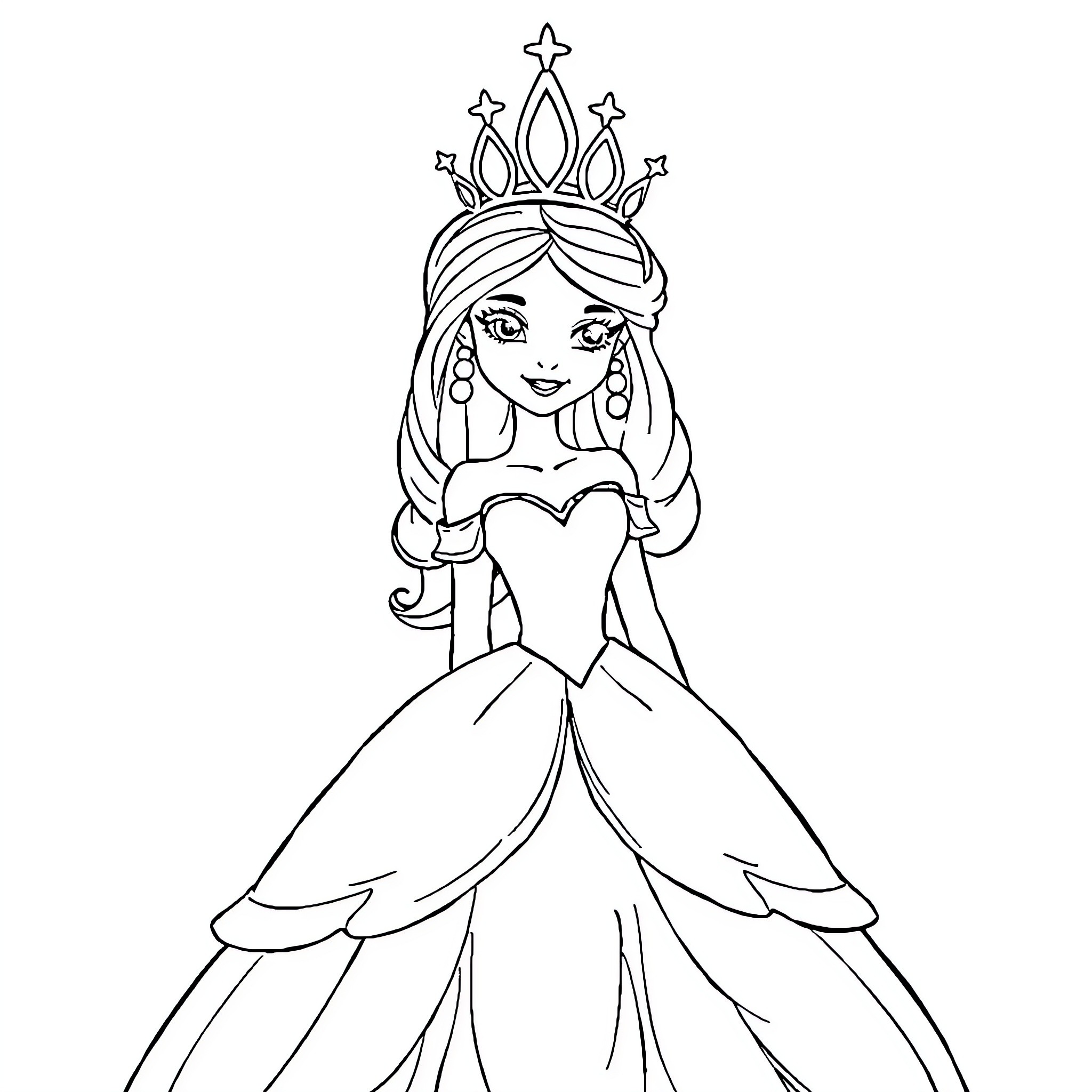Princess in Beautiful Ball Gown and Crown Coloring Page (free black-and-white line drawing printable PDF for all, from beginners to advanced learners, including children, teens, adults, and seniors)