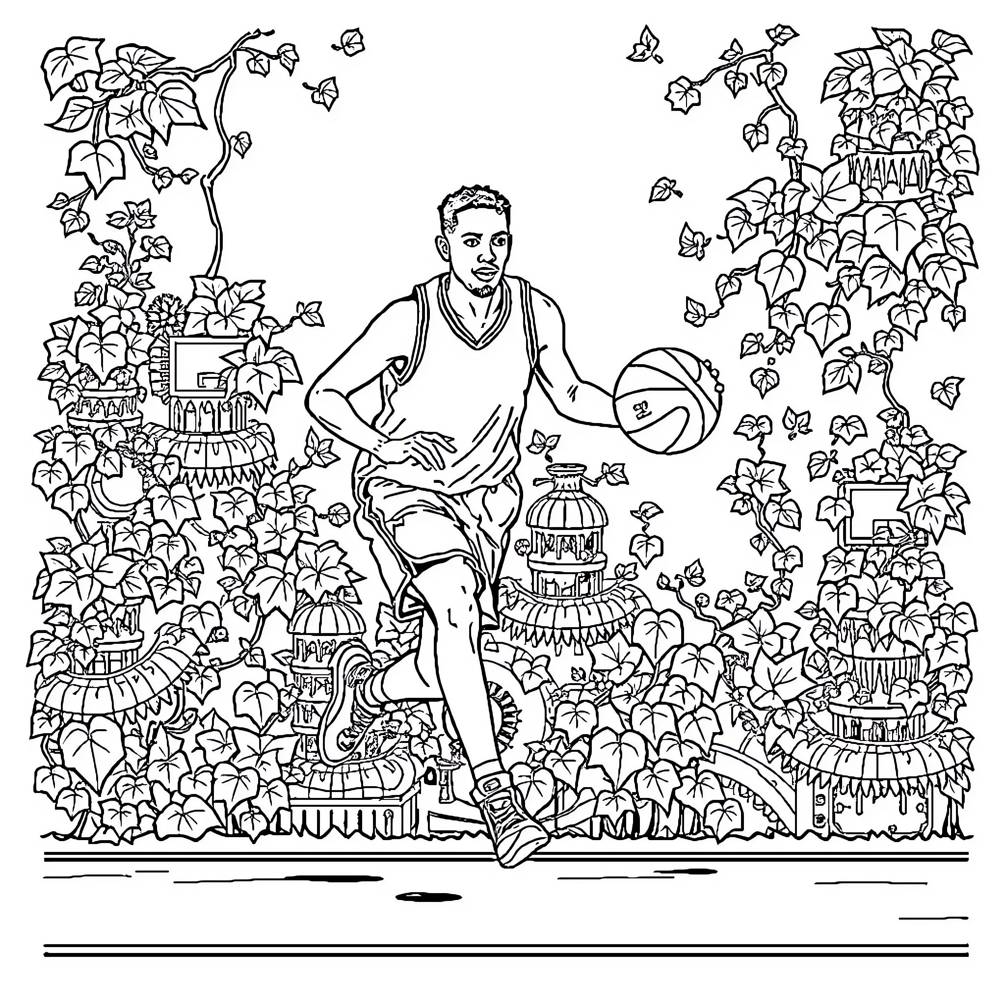 Basketball Player Dribbling Ball Amidst Intricate Floral Surroundings Coloring Page (free black-and-white line drawing printable PDF for all, from beginners to advanced learners, including children, teens, adults, and seniors)