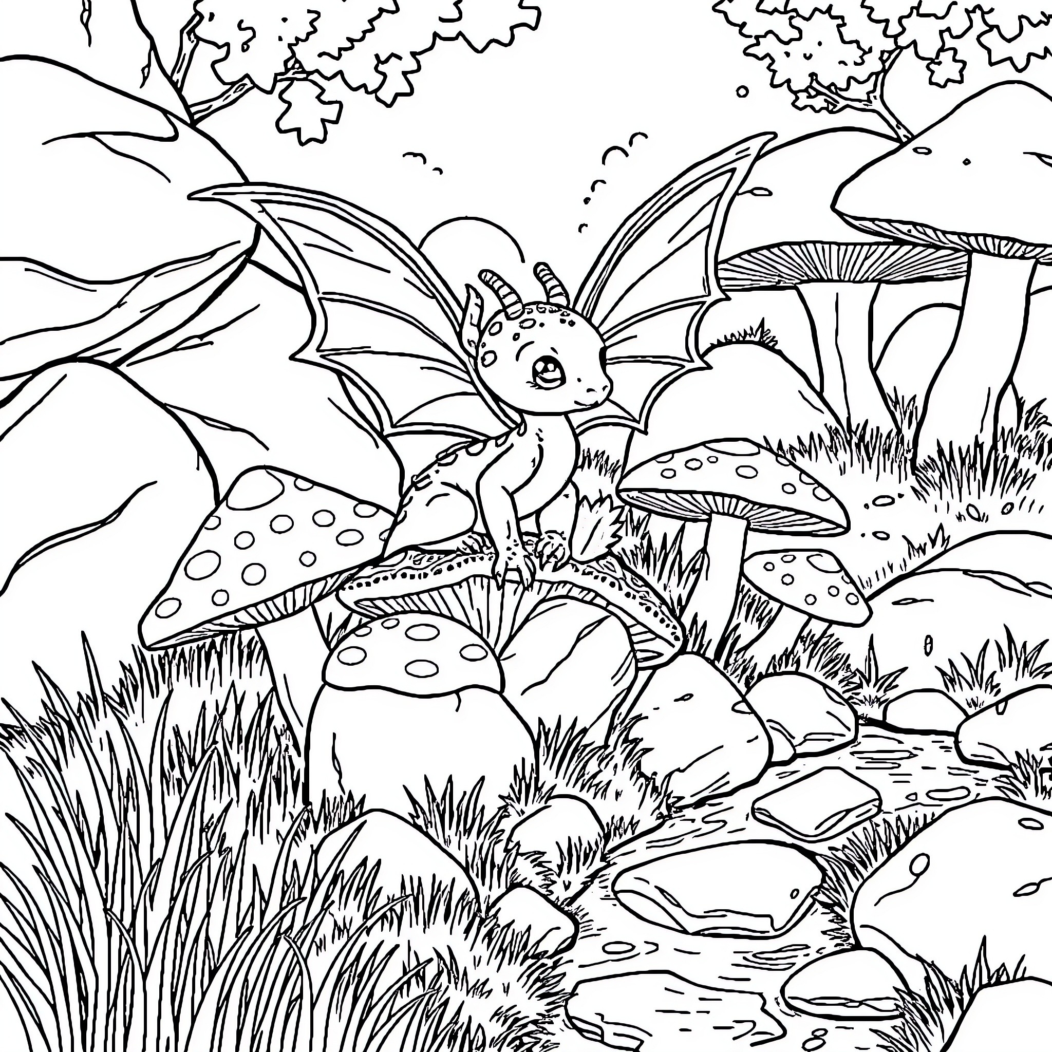 Dragon Resting Amid Fantastical Mushrooms and Foliage Coloring Page (free black-and-white line drawing printable PDF for all, from beginners to advanced learners, including children, teens, adults, and seniors)