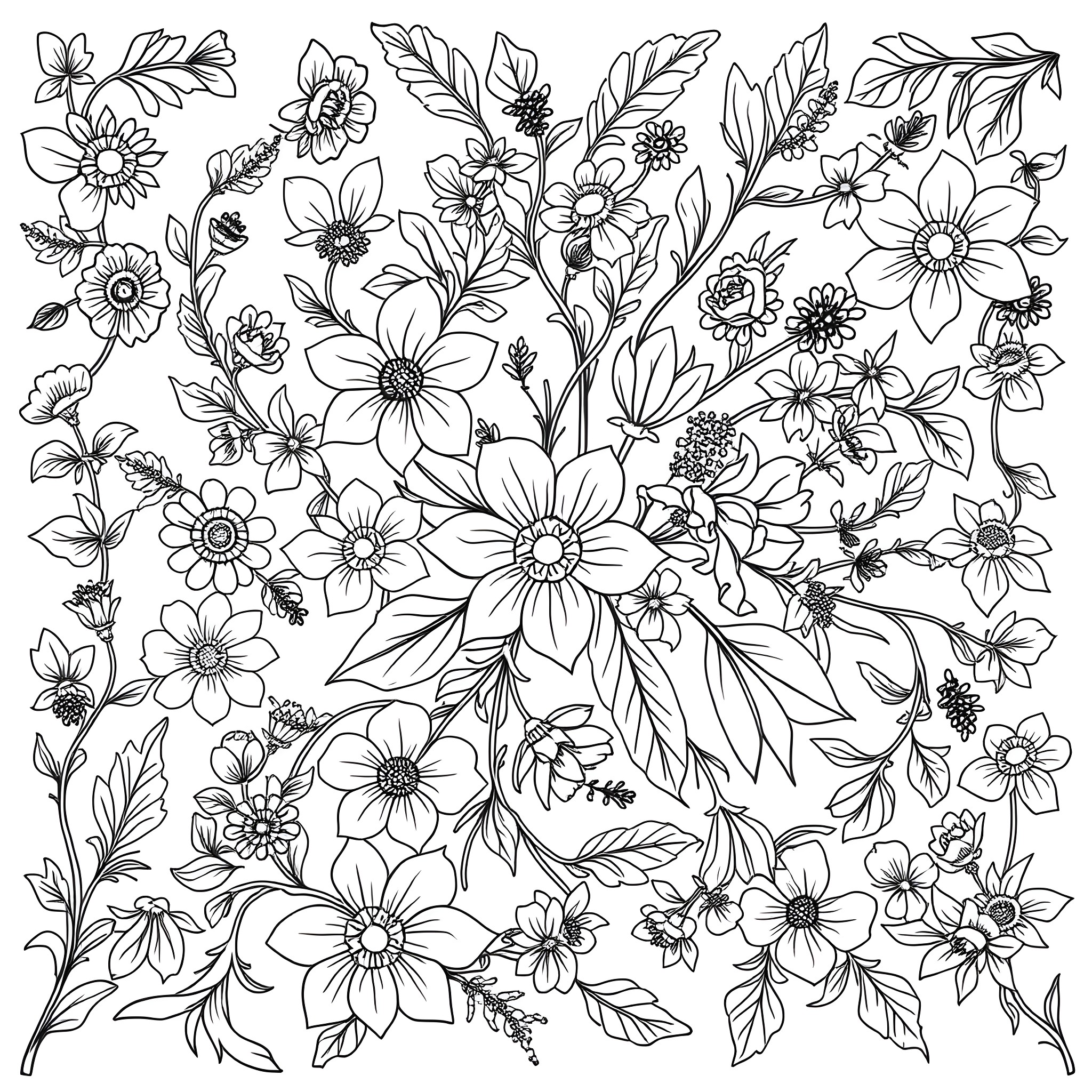 Flower Garden of Detailed Floral Designs Coloring Page (free black-and-white line drawing printable PDF for all, from beginners to advanced learners, including children, teens, adults, and seniors)