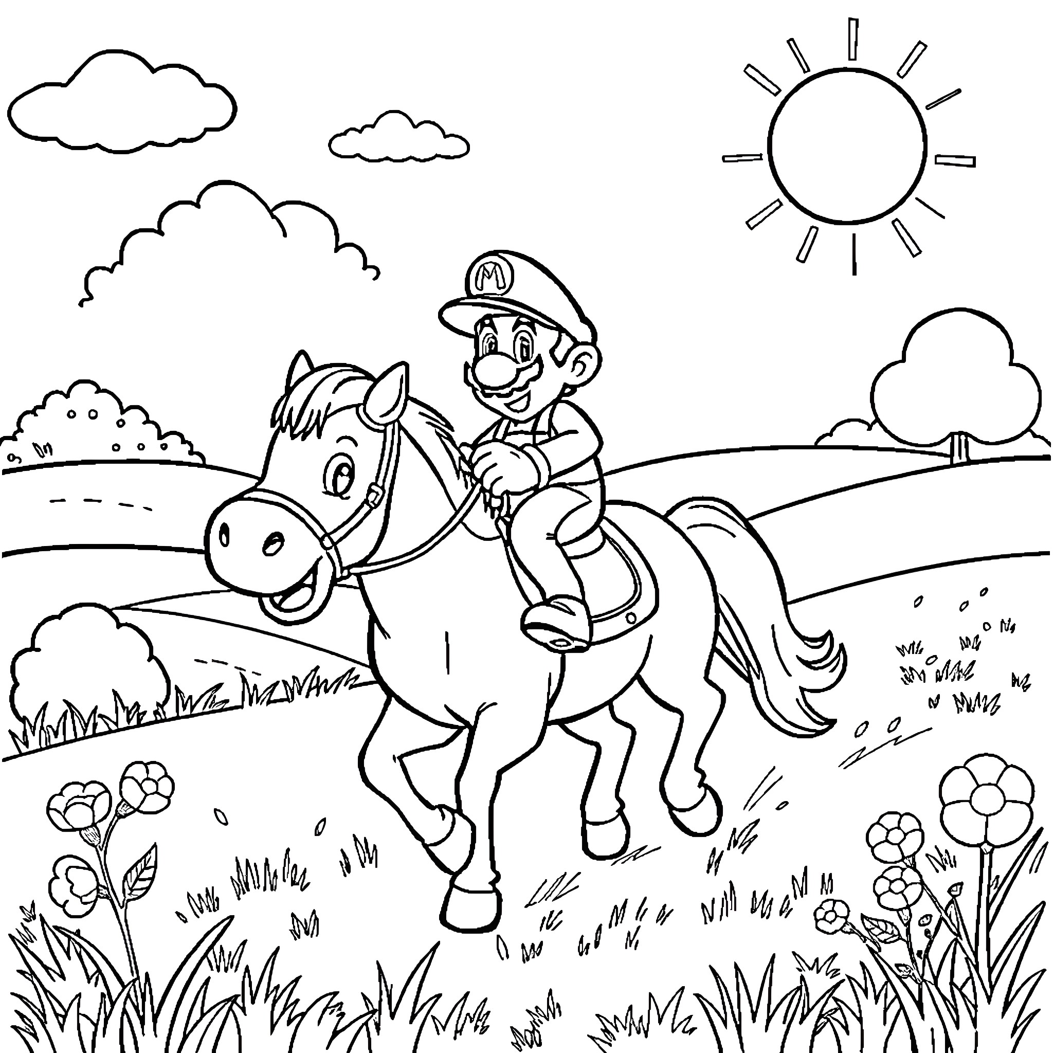 Mario riding a happy horse through a scenic landscape Coloring Page (free black-and-white line drawing printable PDF for all, from beginners to advanced learners, including children, teens, adults, and seniors)