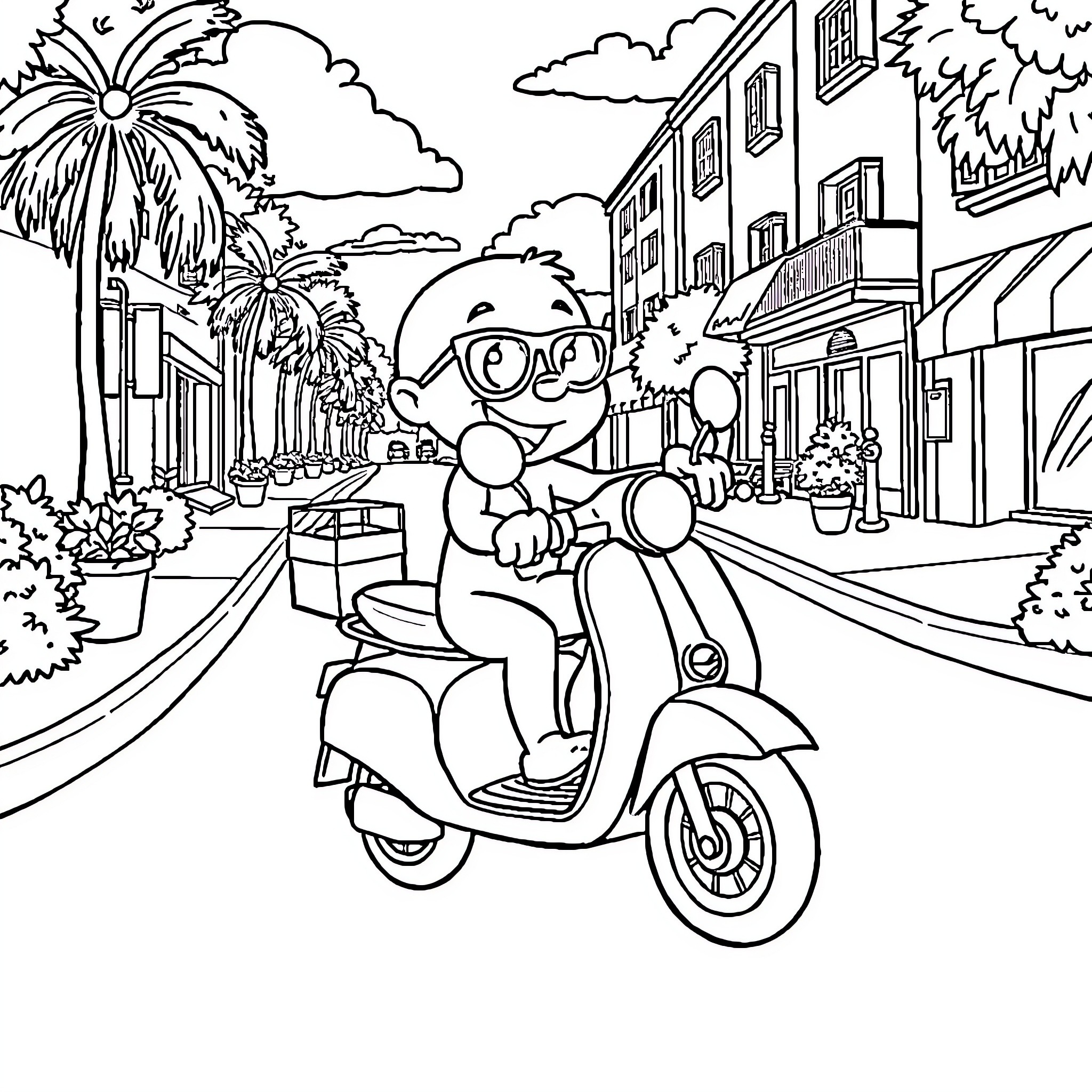 Bluey riding a scooter on a city street Coloring Page (free black-and-white line drawing printable PDF for all, from beginners to advanced learners, including children, teens, adults, and seniors)