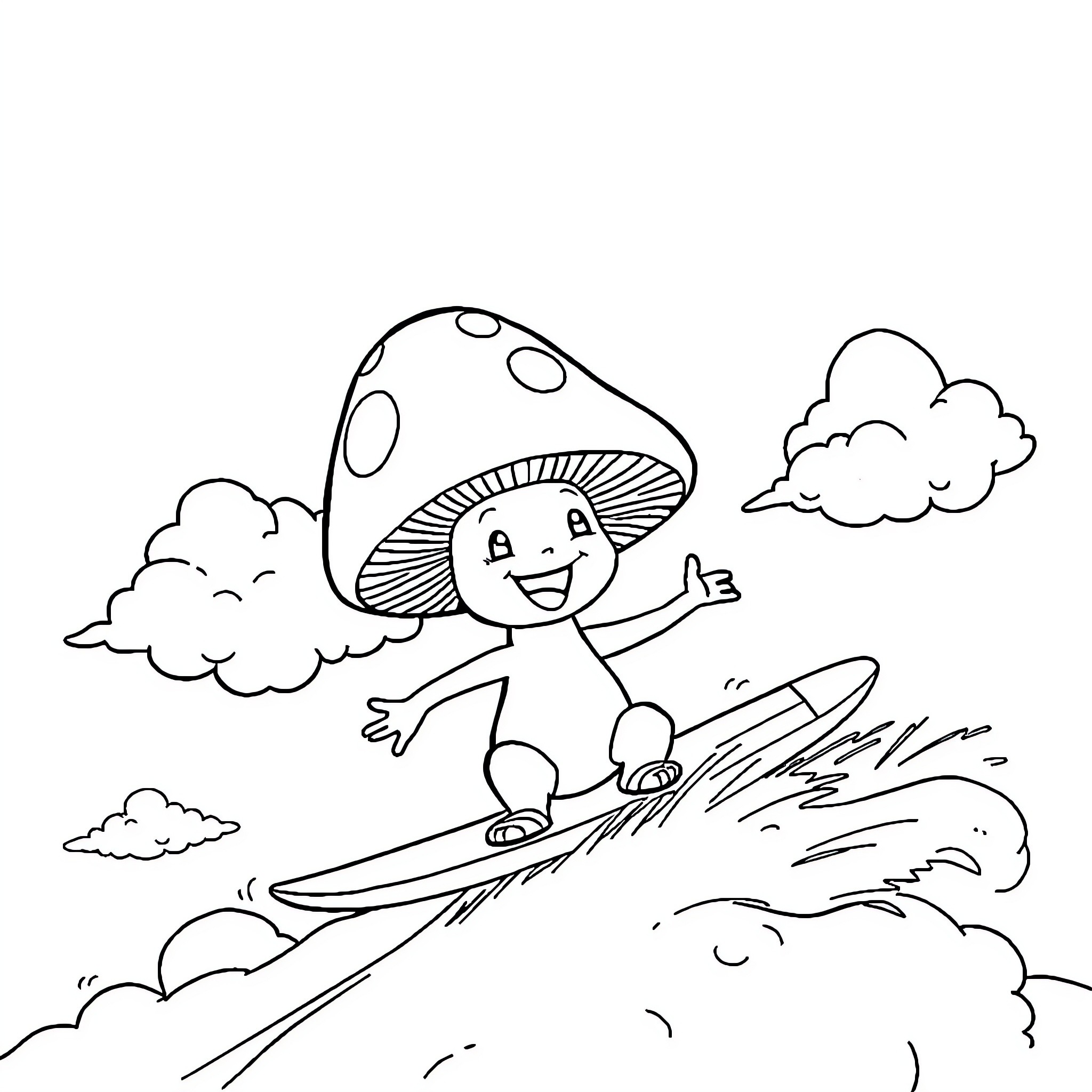 Mushroom character surfing on cloud Coloring Page (free black-and-white line drawing printable PDF for all, from beginners to advanced learners, including children, teens, adults, and seniors)