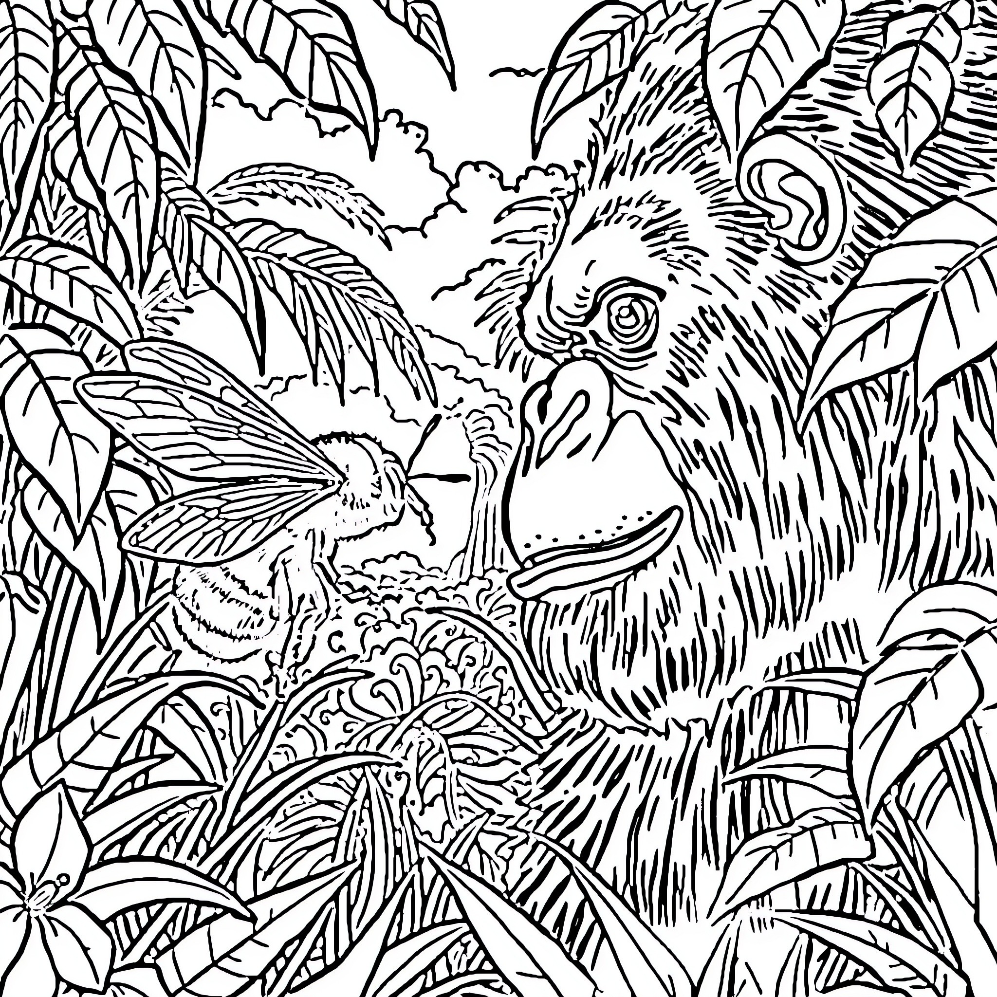 Bumblebee exploring the vibrant tropical foliage Coloring Page (free black-and-white line drawing printable PDF for all, from beginners to advanced learners, including children, teens, adults, and seniors)