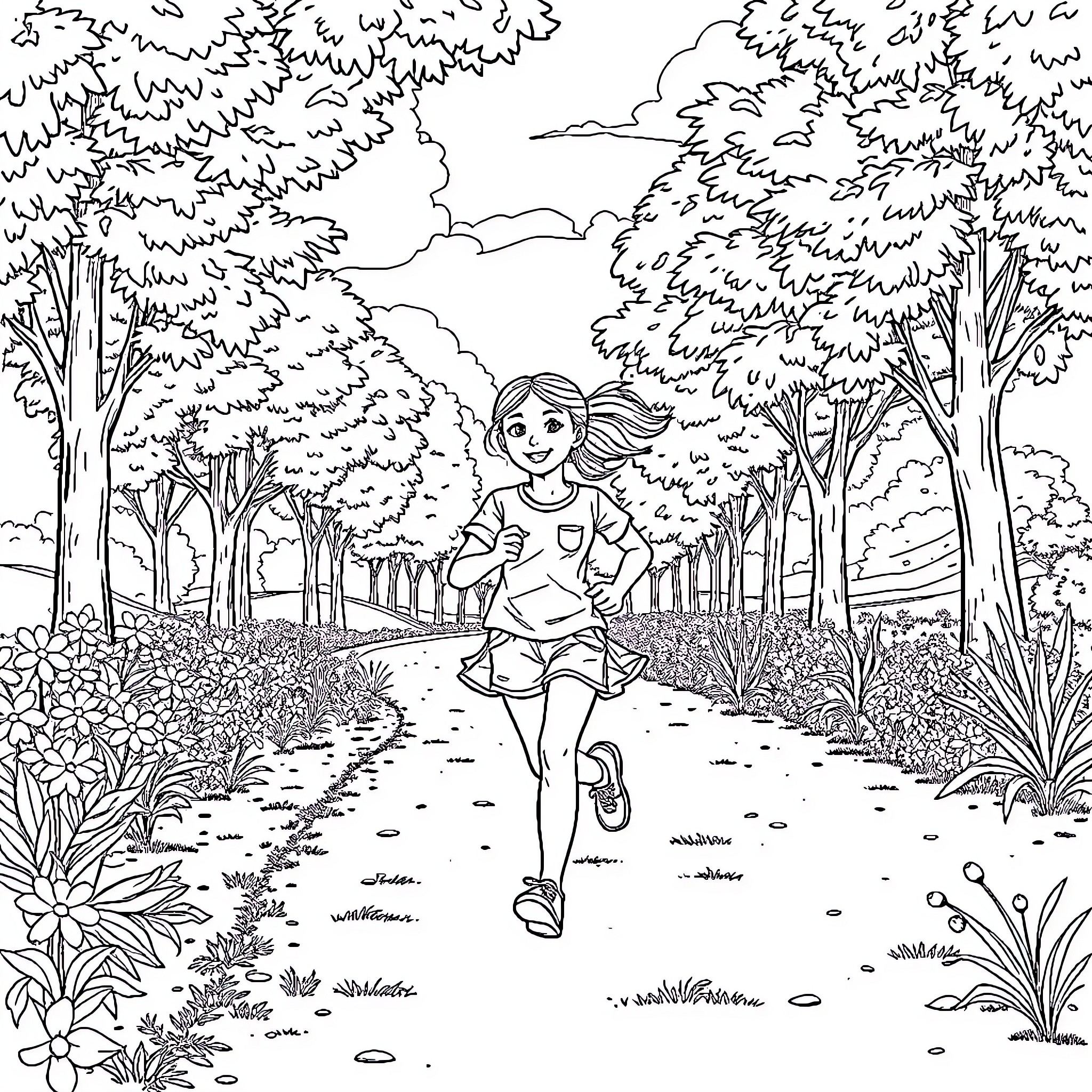Girl running joyfully in the forest Coloring Page (free black-and-white line drawing printable PDF for all, from beginners to advanced learners, including children, teens, adults, and seniors)