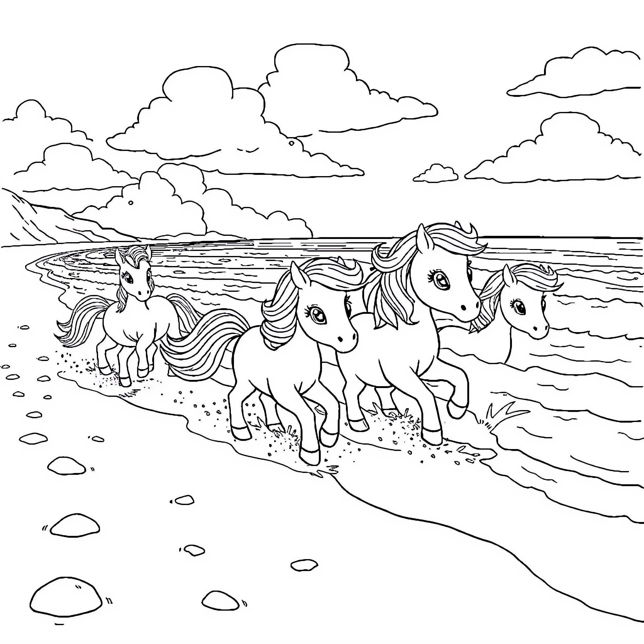 Pony herd galloping along the beach Coloring Page (free black-and-white line drawing printable PDF for all, from beginners to advanced learners, including children, teens, adults, and seniors)