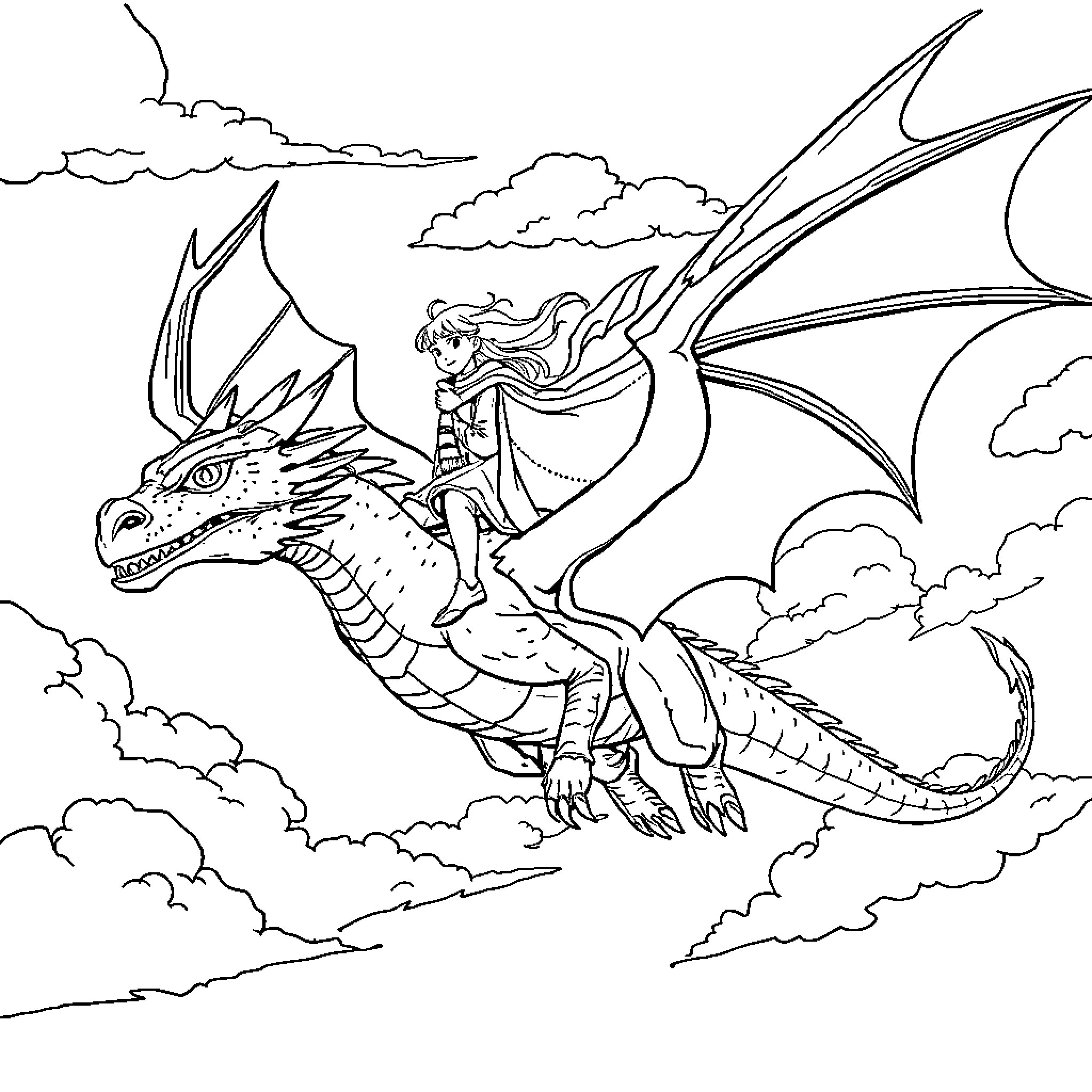 Dragon rider soaring through cloudy skies Coloring Page (free black-and-white line drawing printable PDF for all, from beginners to advanced learners, including children, teens, adults, and seniors)