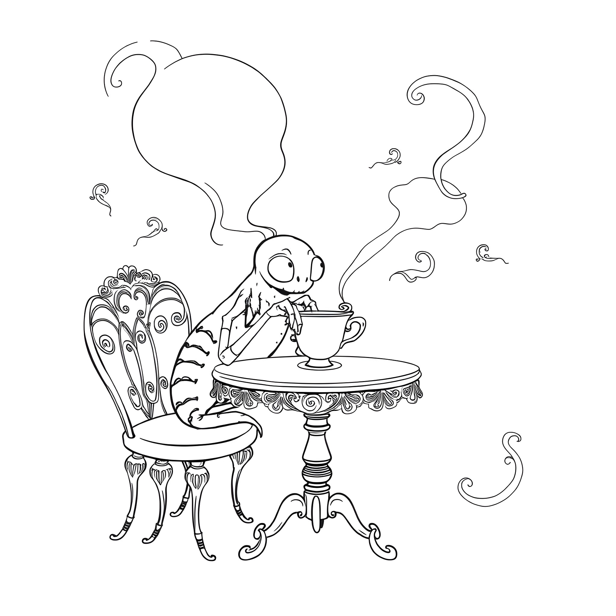 Ghost Spider enjoying a hot beverage at a whimsical table Coloring Page (free black-and-white line drawing printable PDF for all, from beginners to advanced learners, including children, teens, adults, and seniors)