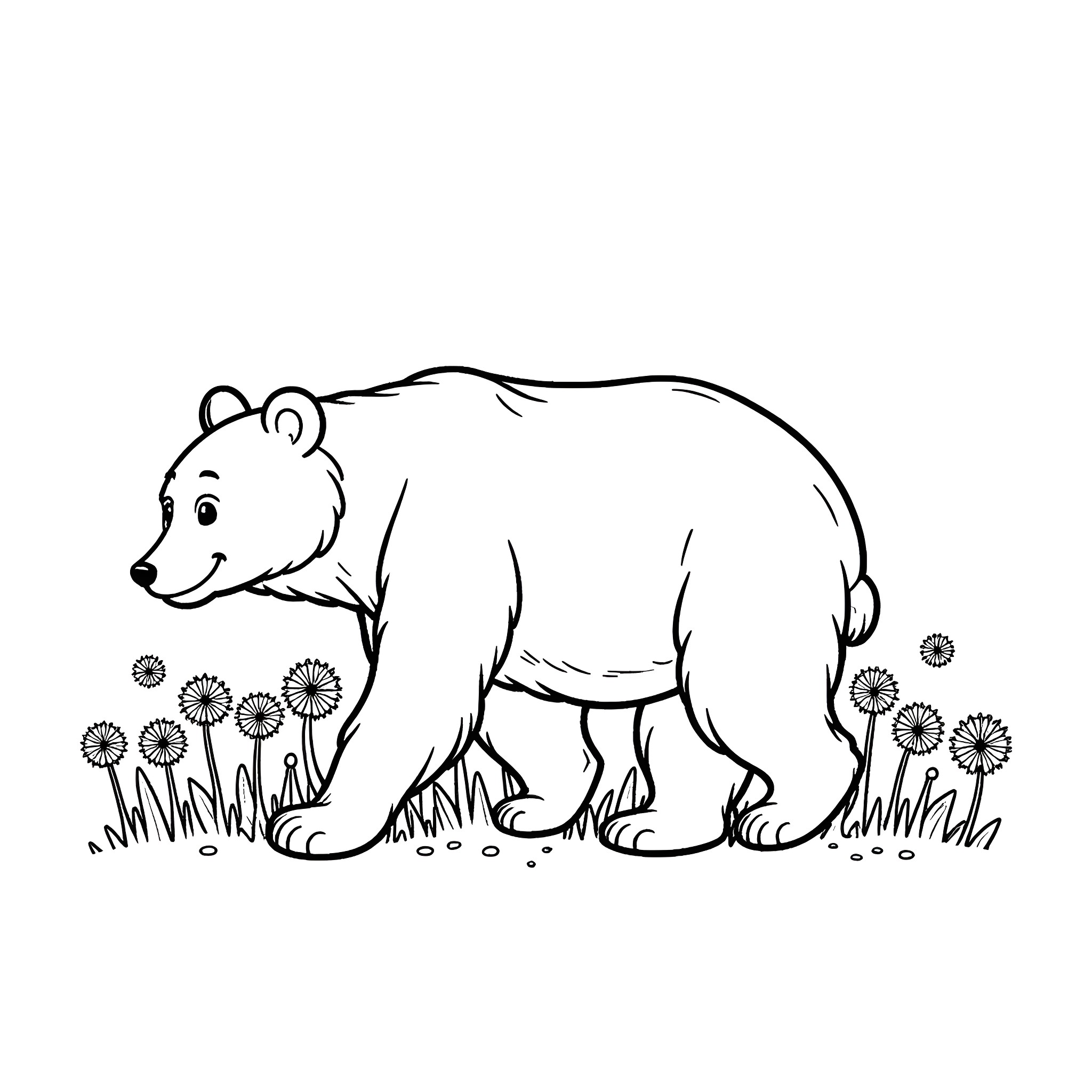 Bear roaming in a field of flowers Coloring Page (free black-and-white line drawing printable PDF for all, from beginners to advanced learners, including children, teens, adults, and seniors)