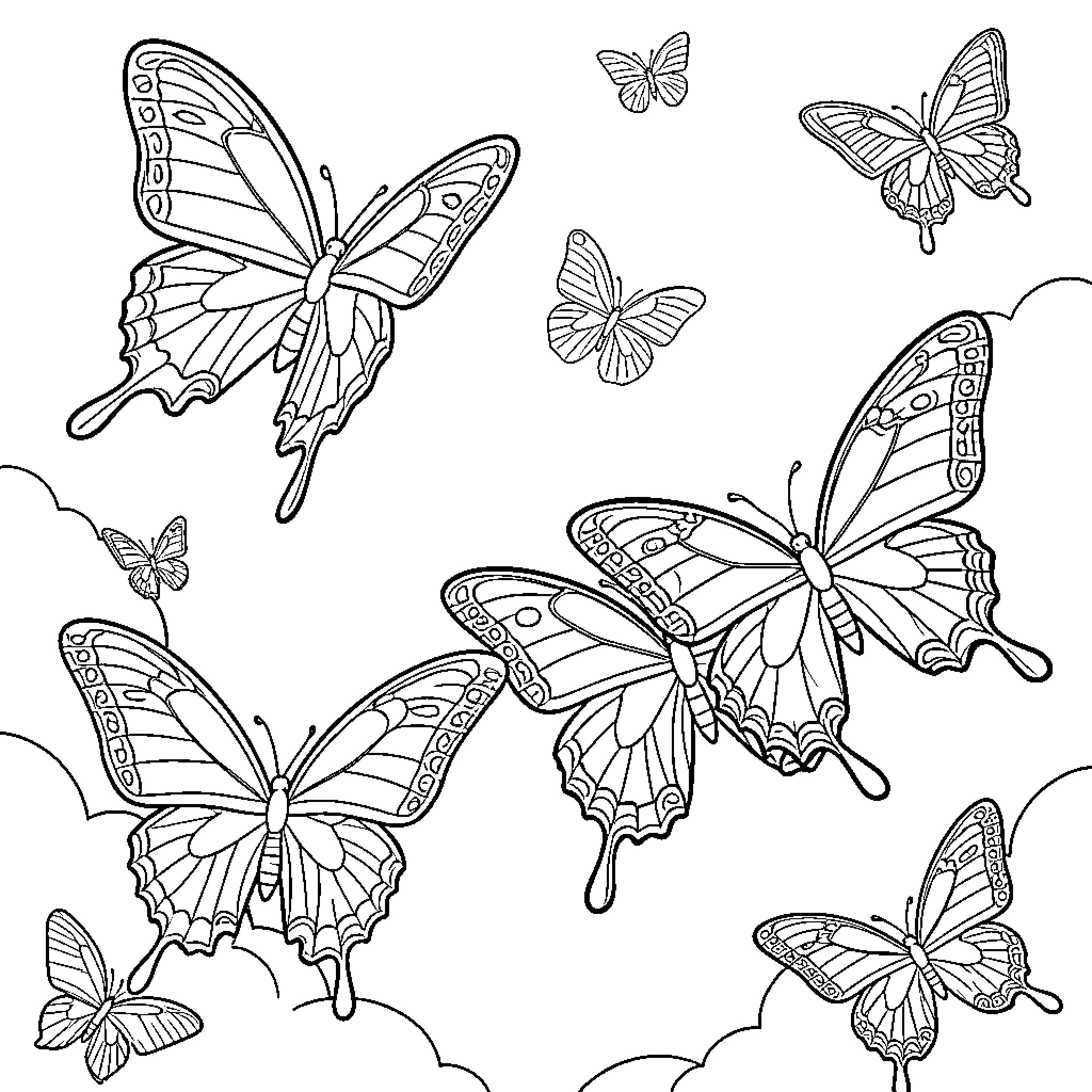 Butterfly flying gracefully among clouds in the sky Coloring Page (free black-and-white line drawing printable PDF for all, from beginners to advanced learners, including children, teens, adults, and seniors)