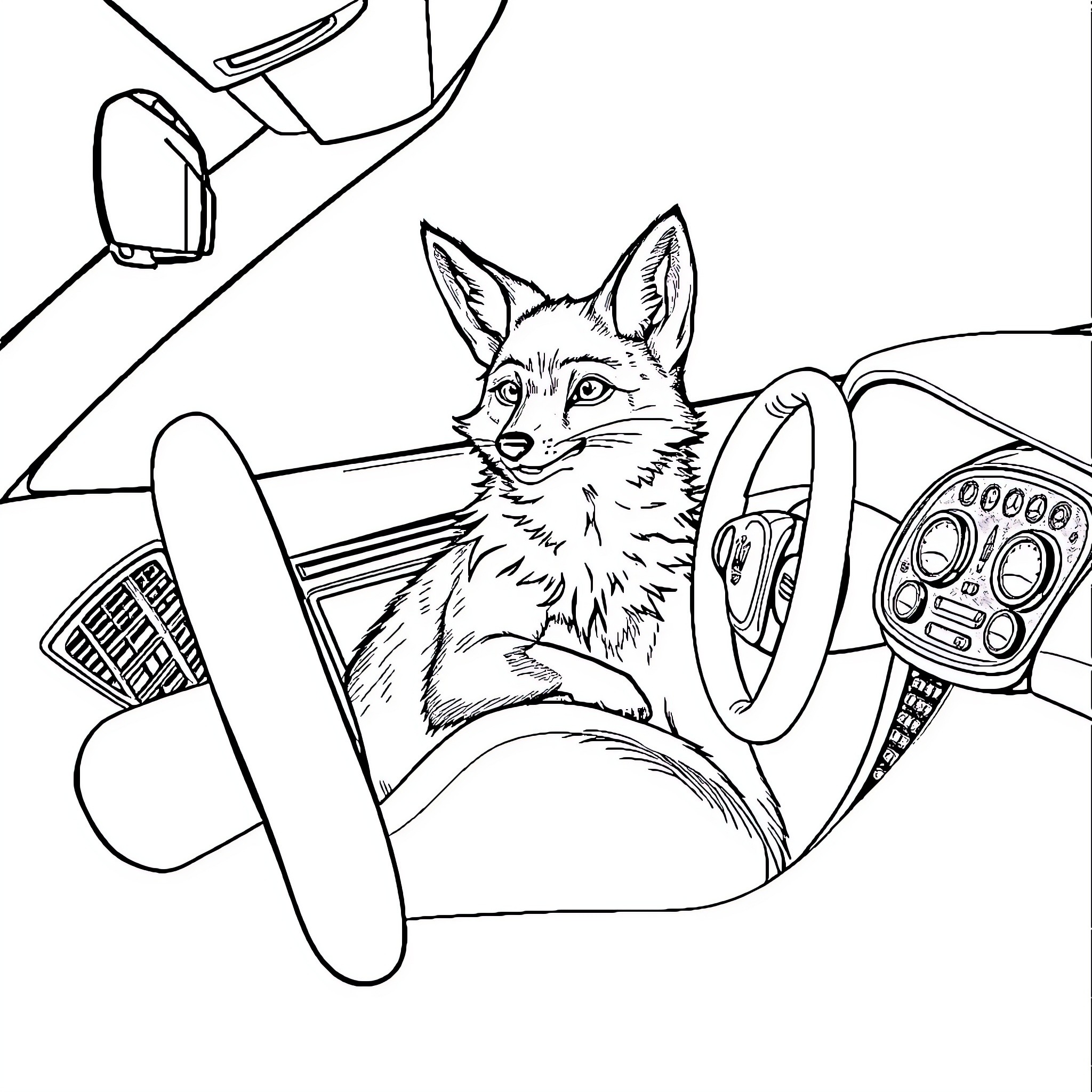 Fox driving a car with dashboard controls Coloring Page (free black-and-white line drawing printable PDF for all, from beginners to advanced learners, including children, teens, adults, and seniors)
