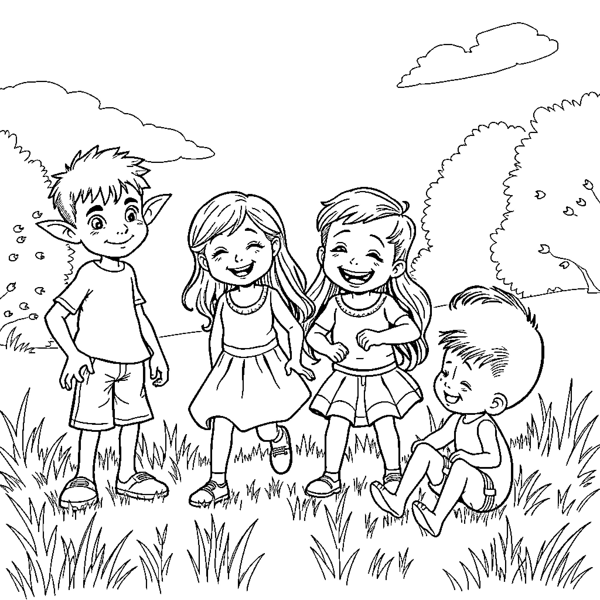 Child friends playing cheerfully outdoors Coloring Page (free black-and-white line drawing printable PDF for all, from beginners to advanced learners, including children, teens, adults, and seniors)