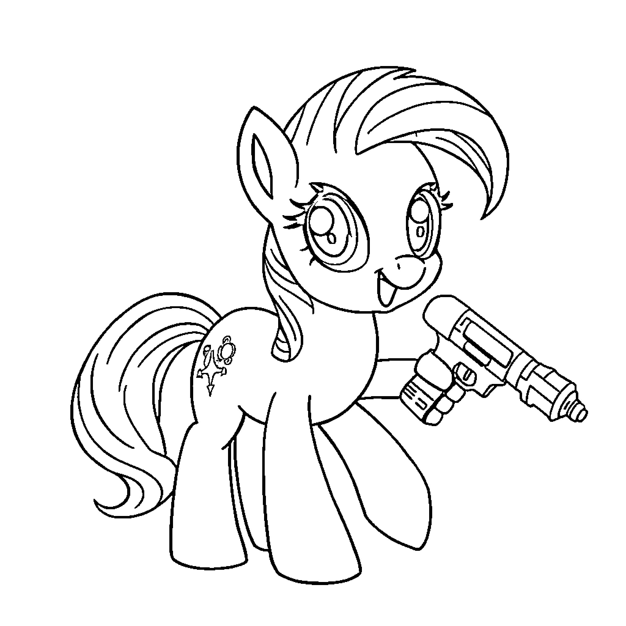 Pony with a tool wielding happily Coloring Page (free black-and-white line drawing printable PDF for all, from beginners to advanced learners, including children, teens, adults, and seniors)