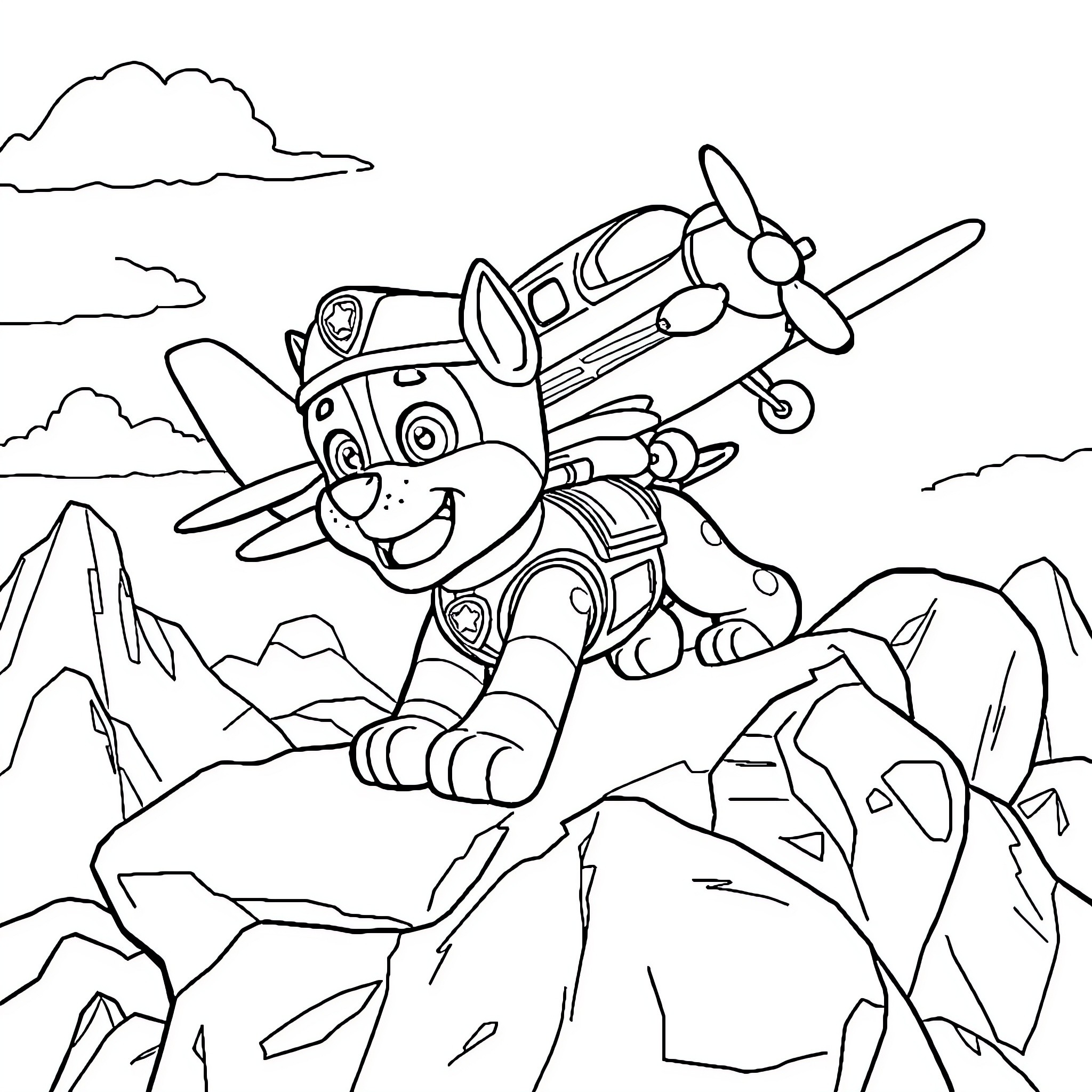 Paw Patrol Puppy Soars Through the Air Coloring Page (free black-and-white line drawing printable PDF for all, from beginners to advanced learners, including children, teens, adults, and seniors)