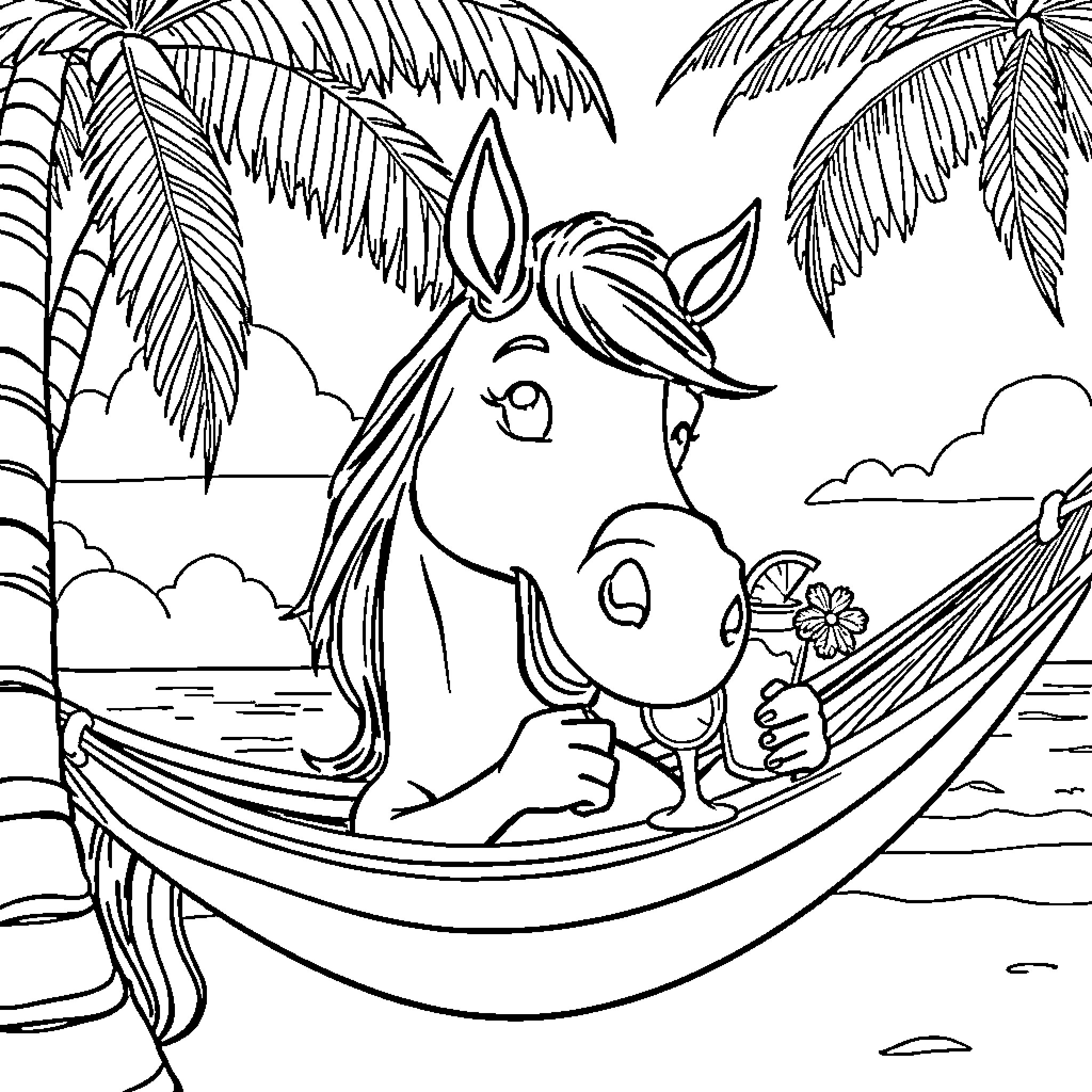 Horse relaxing in a hammock on the beach Coloring Page (free black-and-white line drawing printable PDF for all, from beginners to advanced learners, including children, teens, adults, and seniors)