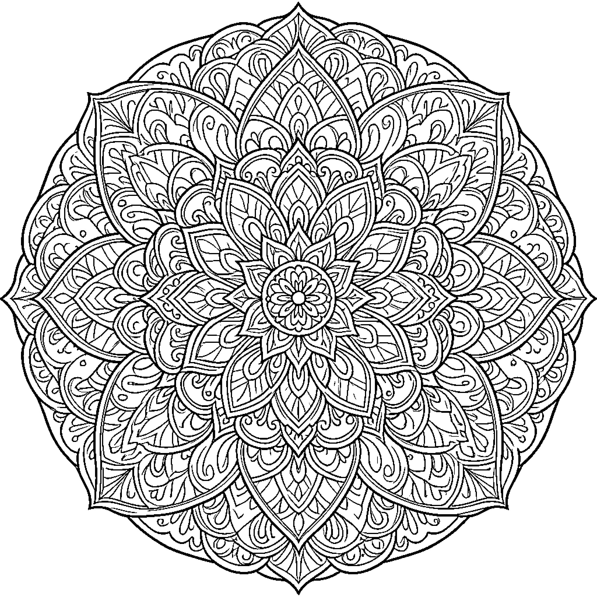 Mandala of intricate floral patterns and symmetry Coloring Page (free black-and-white line drawing printable PDF for all, from beginners to advanced learners, including children, teens, adults, and seniors)