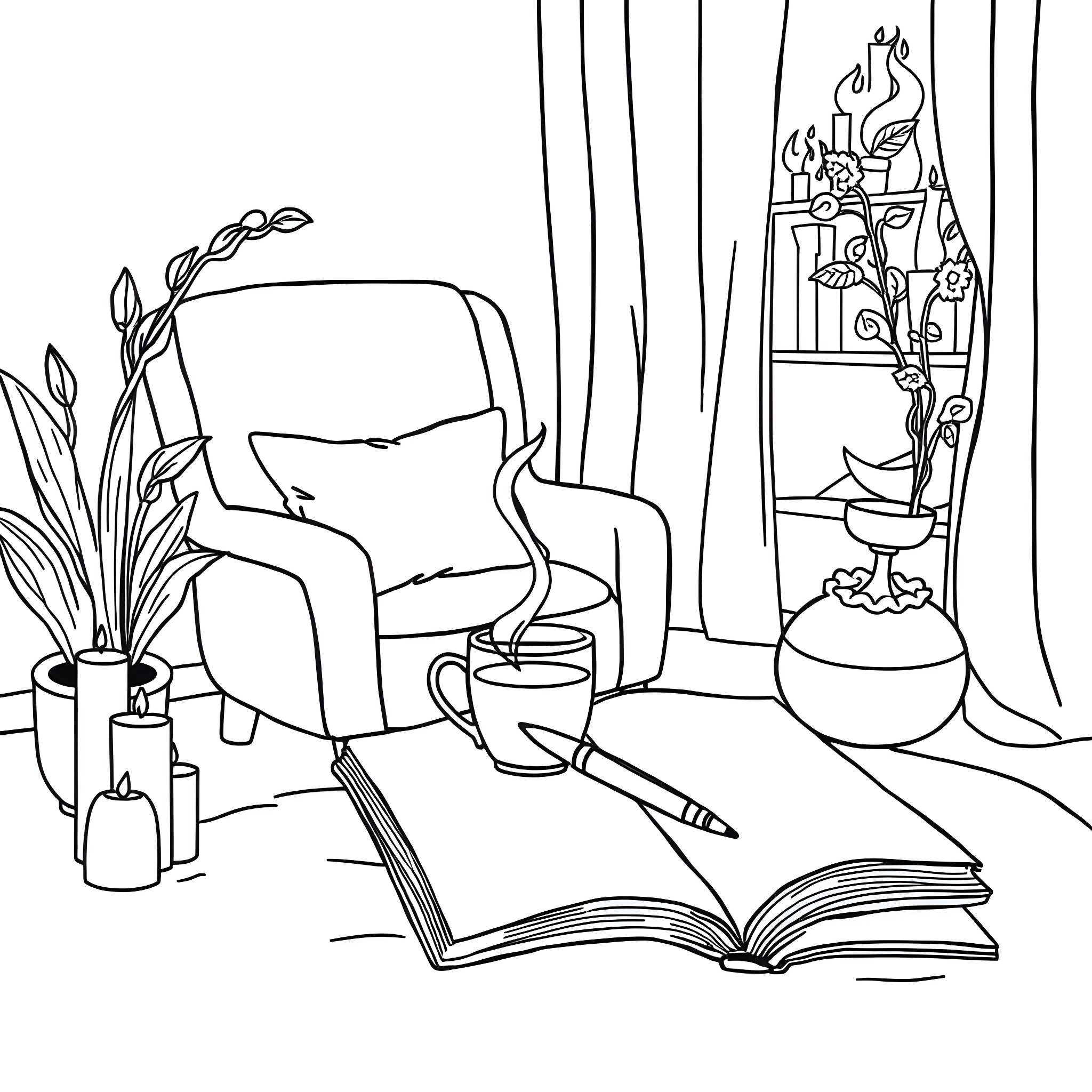 Mental Health - Cozy Reading Nook Relaxation Coloring Page (free black-and-white line drawing printable PDF for all, from beginners to advanced learners, including children, teens, adults, and seniors)