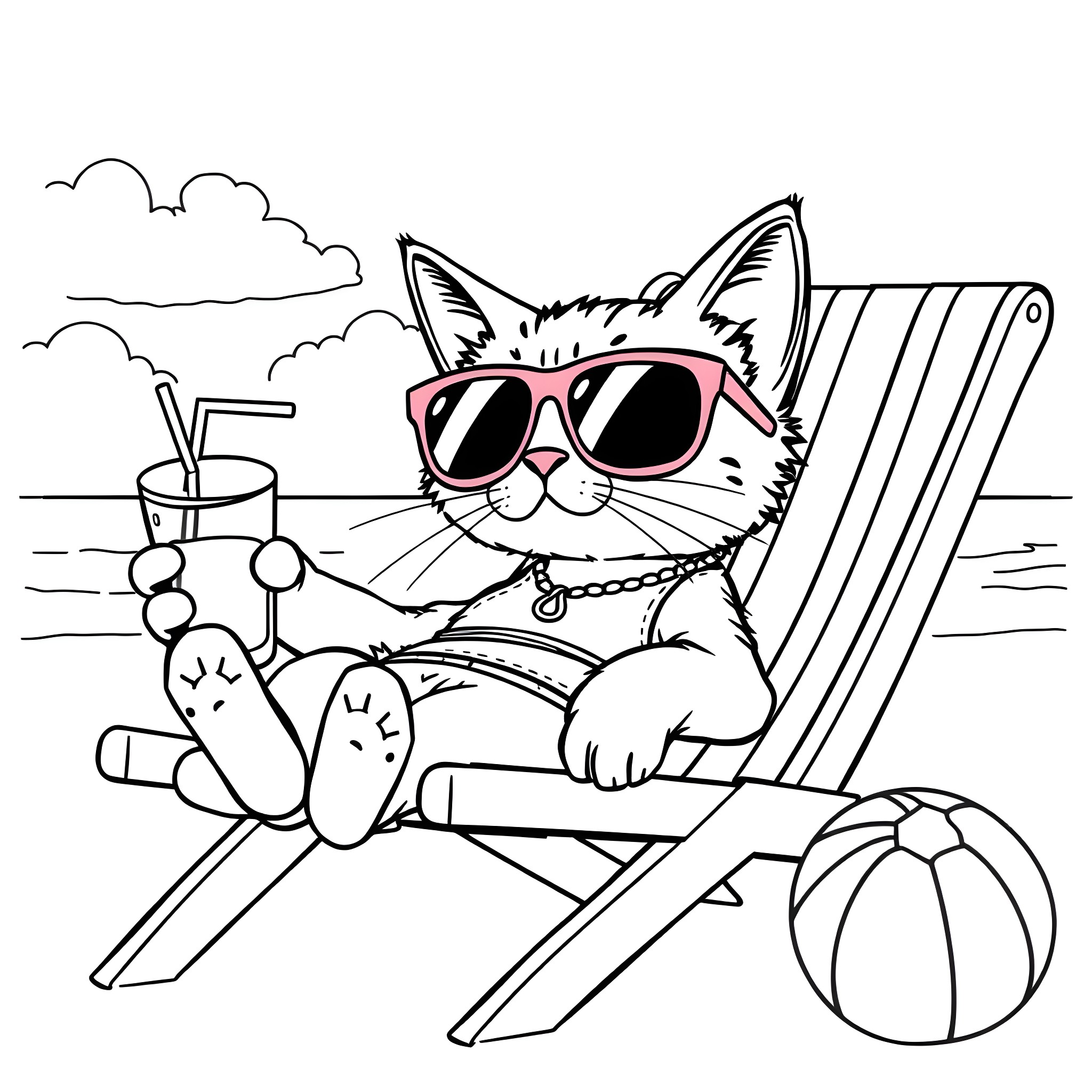 Cat relaxing in beach chair with drink Coloring Page (free black-and-white line drawing printable PDF for all, from beginners to advanced learners, including children, teens, adults, and seniors)