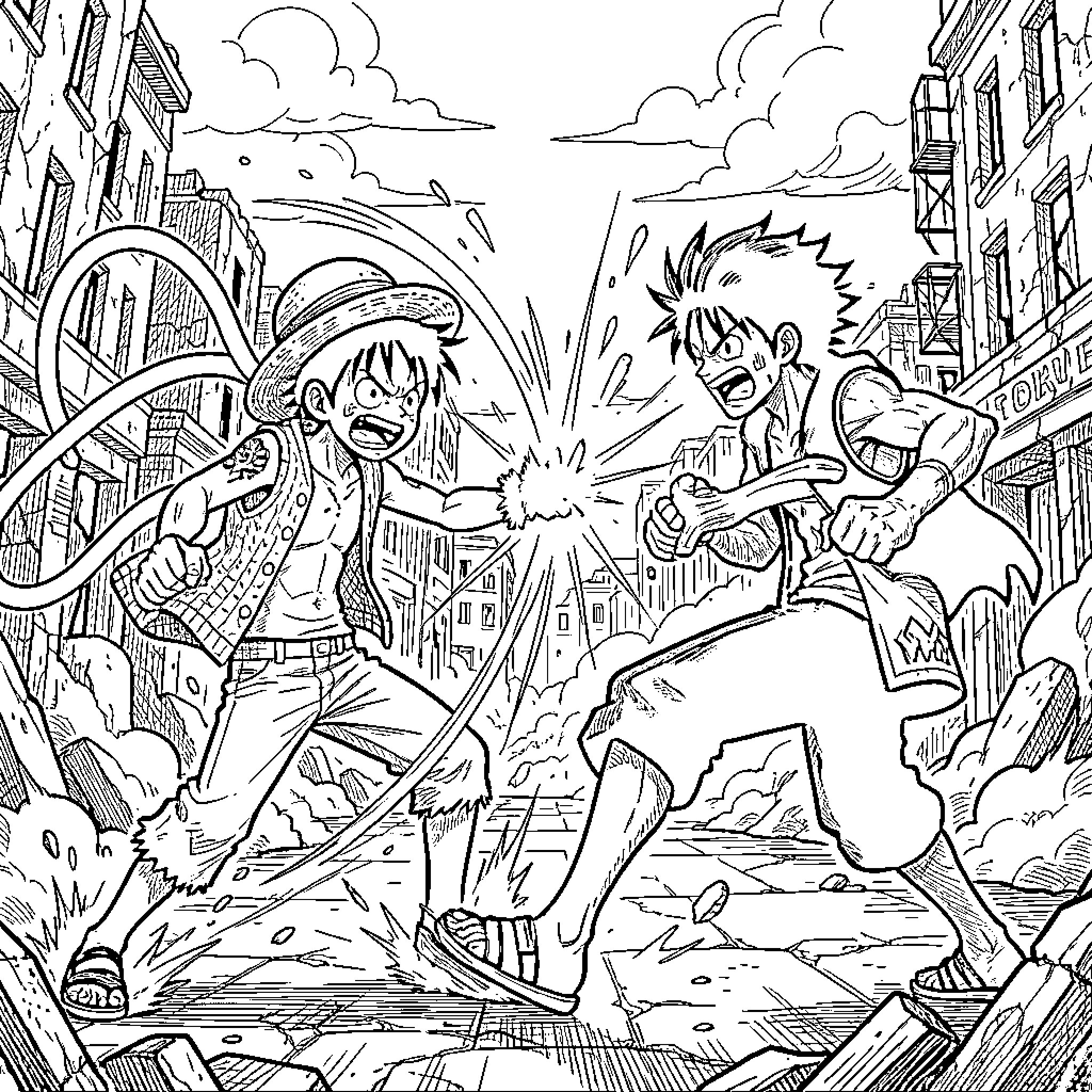 Luffy engaged in an intense battle against an opponent Coloring Page (free black-and-white line drawing printable PDF for all, from beginners to advanced learners, including children, teens, adults, and seniors)