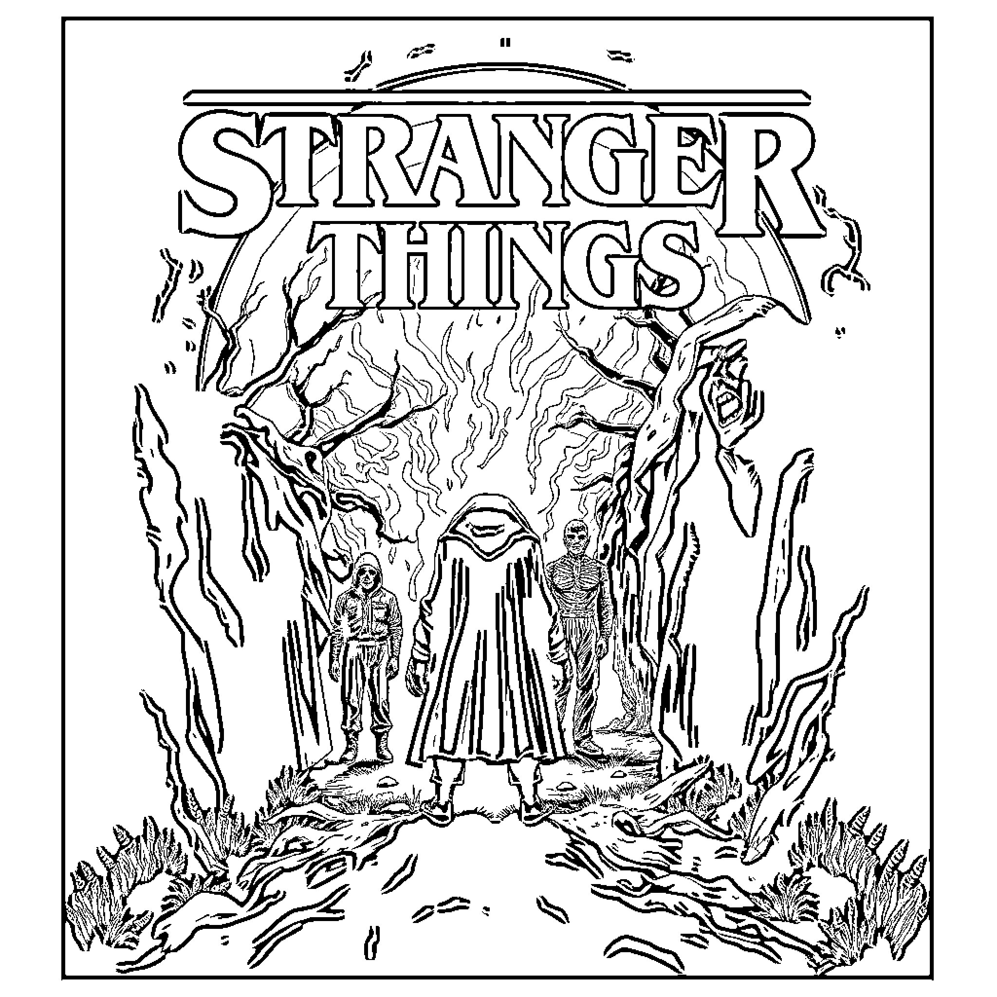 Stranger Things: Characters in Mysterious Environment Coloring Page (free black-and-white line drawing printable PDF for all, from beginners to advanced learners, including children, teens, adults, and seniors)