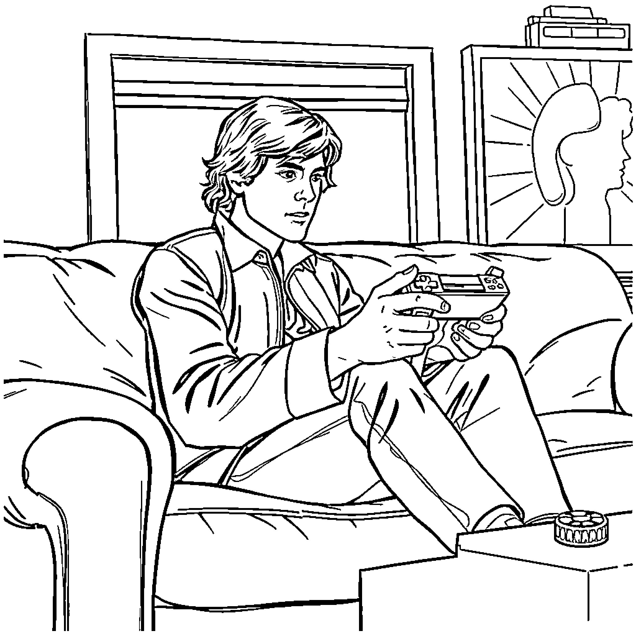 Han Solo gaming on the couch Coloring Page (free black-and-white line drawing printable PDF for all, from beginners to advanced learners, including children, teens, adults, and seniors)