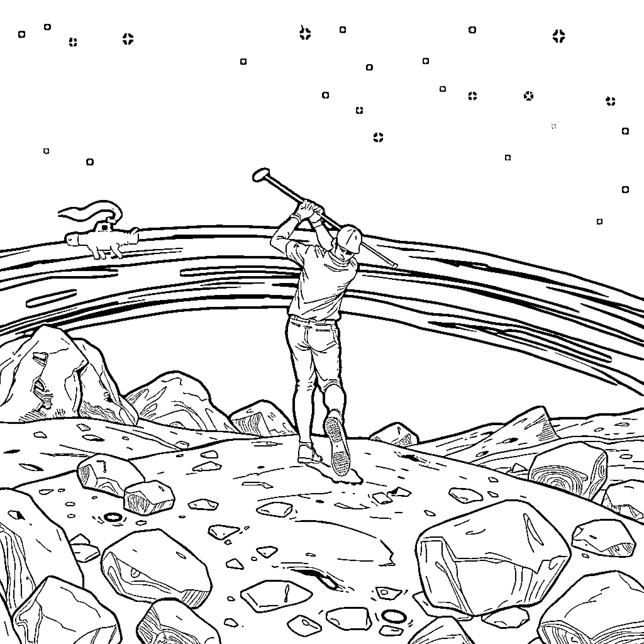 Golfer swinging club in rugged mountain terrain Coloring Page (free black-and-white line drawing printable PDF for all, from beginners to advanced learners, including children, teens, adults, and seniors)