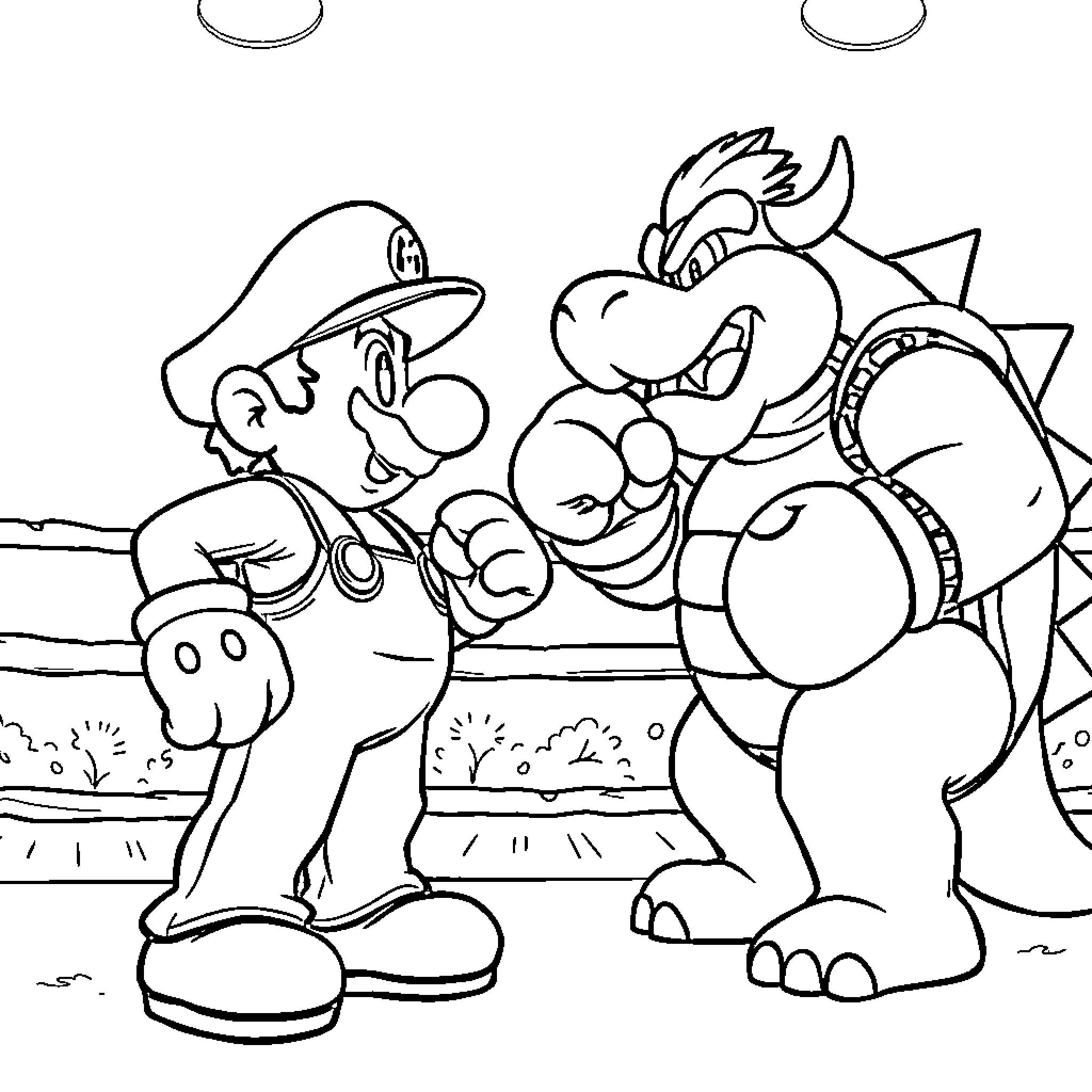 Super Mario Confronting Bowser in Cartoon Setting Coloring Page (free black-and-white line drawing printable PDF for all, from beginners to advanced learners, including children, teens, adults, and seniors)