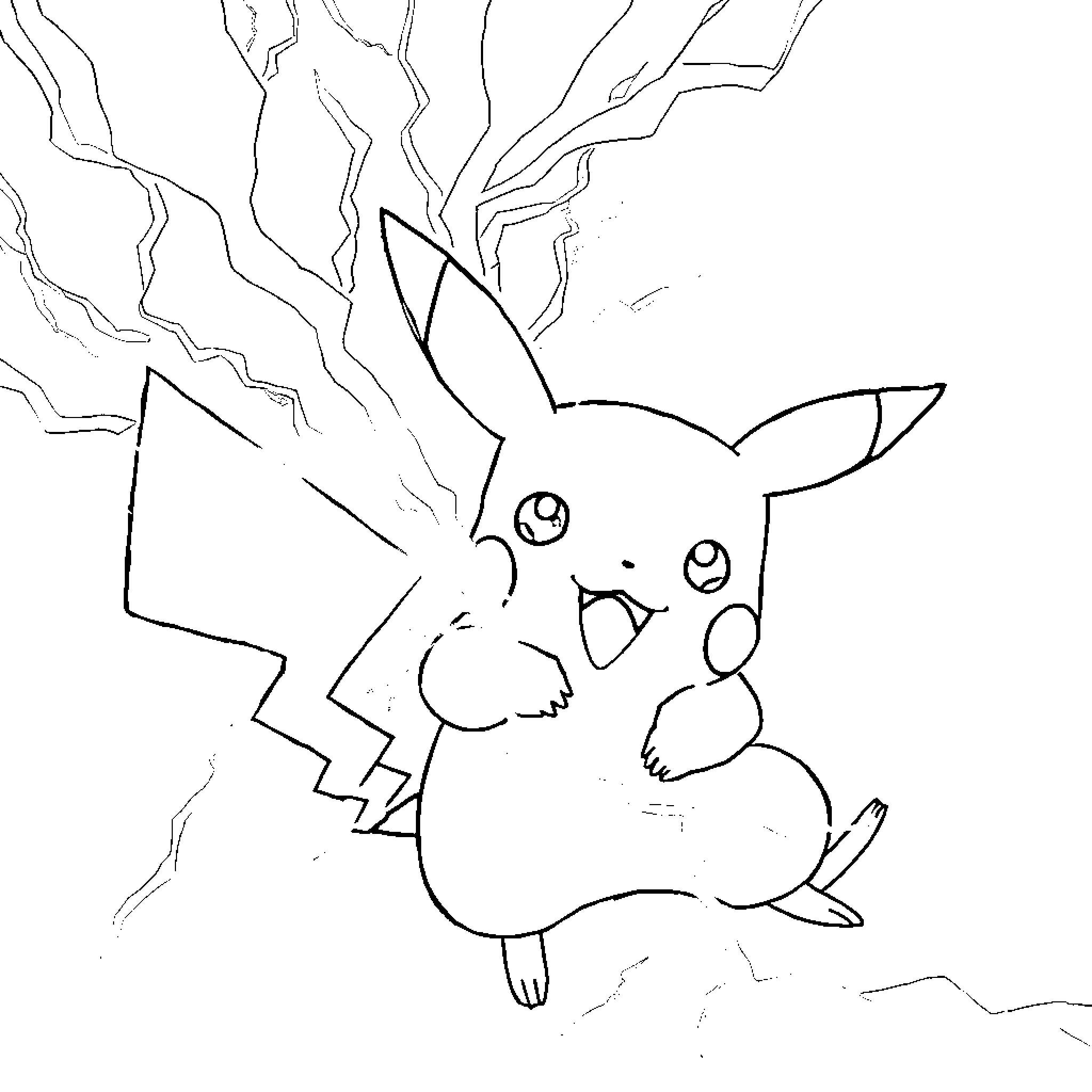 Pikachu using electric attack in storm Coloring Page (free black-and-white line drawing printable PDF for all, from beginners to advanced learners, including children, teens, adults, and seniors)