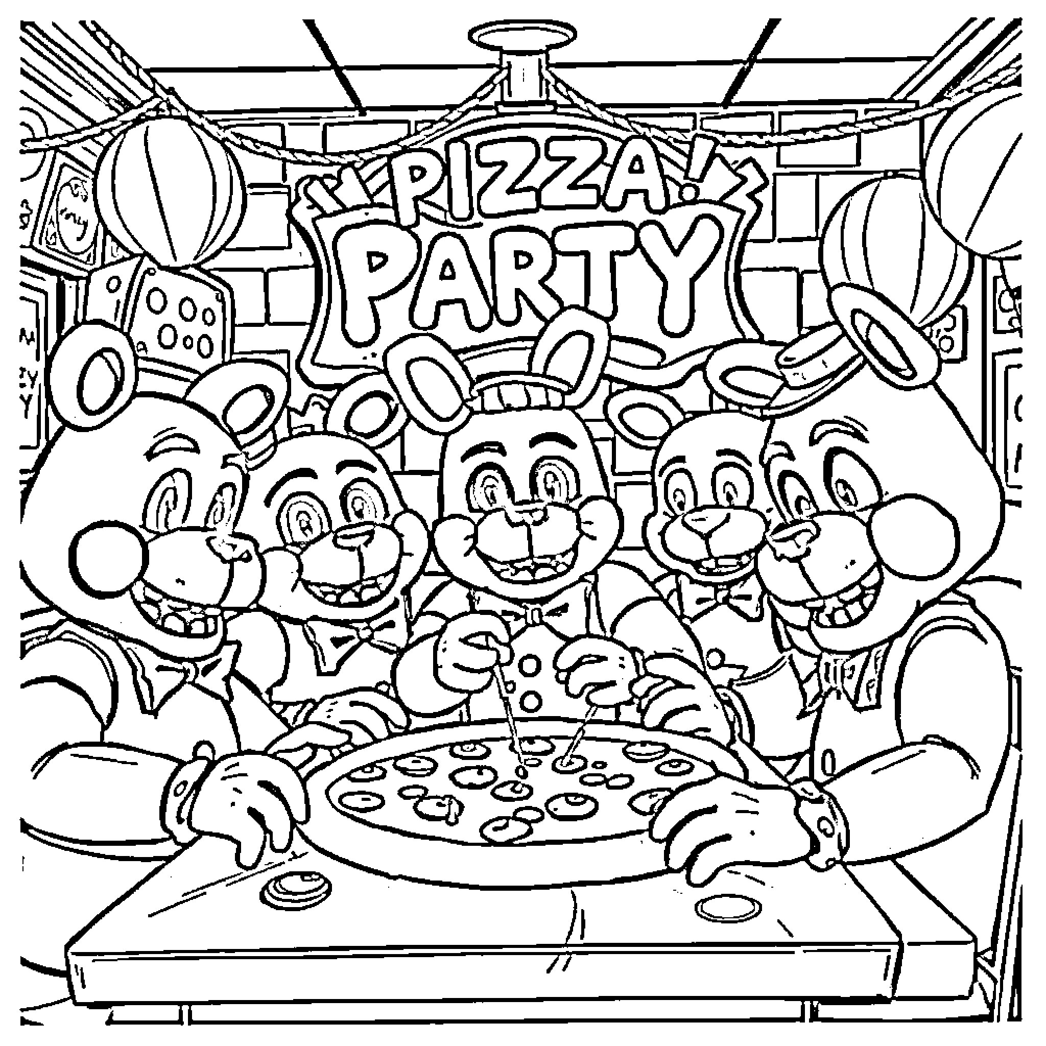 Freddy's Lively Pizza Party with Animated Characters Coloring Page (free black-and-white line drawing printable PDF for all, from beginners to advanced learners, including children, teens, adults, and seniors)