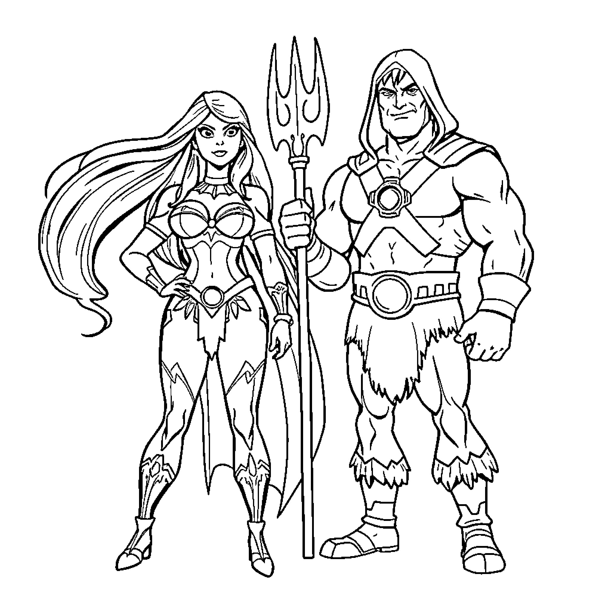 Batgirl and Triton Warrior in Action Poses Coloring Page (free black-and-white line drawing printable PDF for all, from beginners to advanced learners, including children, teens, adults, and seniors)