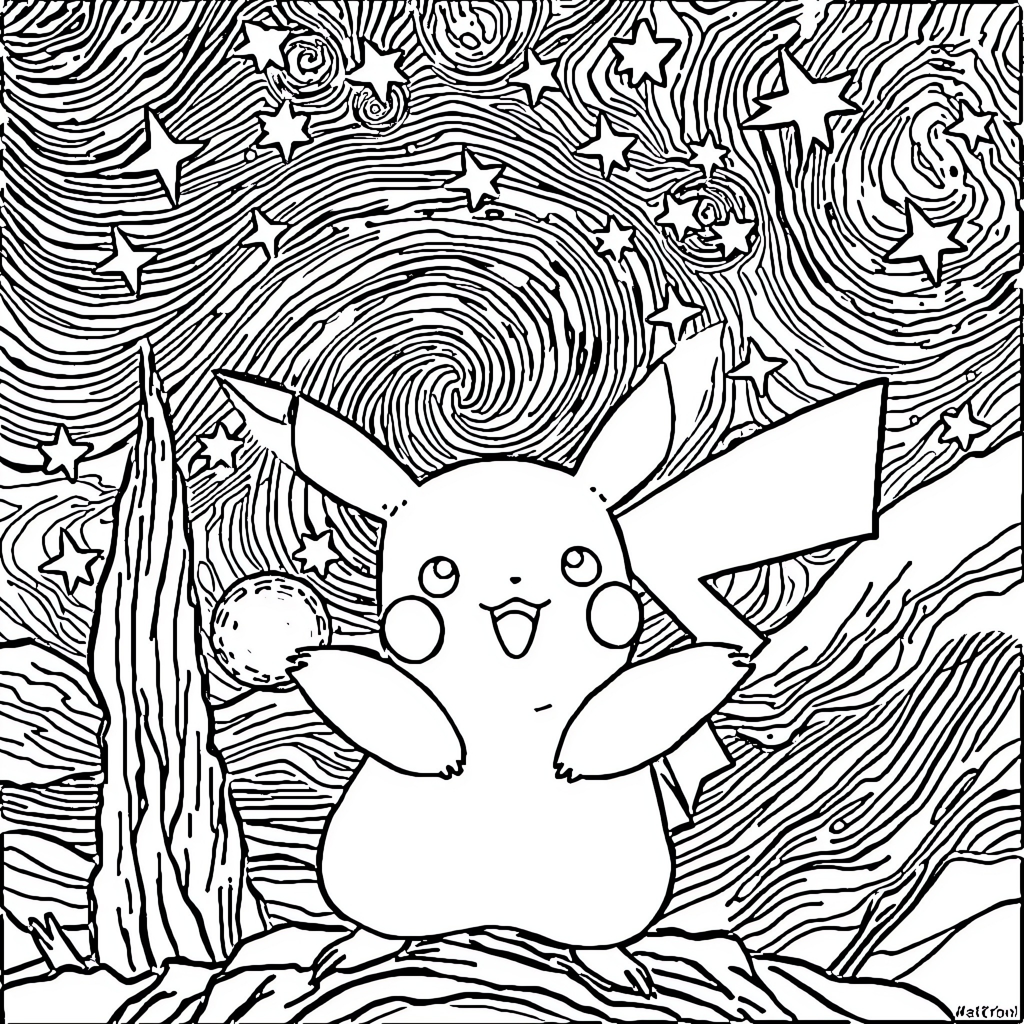 Pikachu in a Magical Starry Wonderland Coloring Page (free black-and-white line drawing printable PDF for all, from beginners to advanced learners, including children, teens, adults, and seniors)