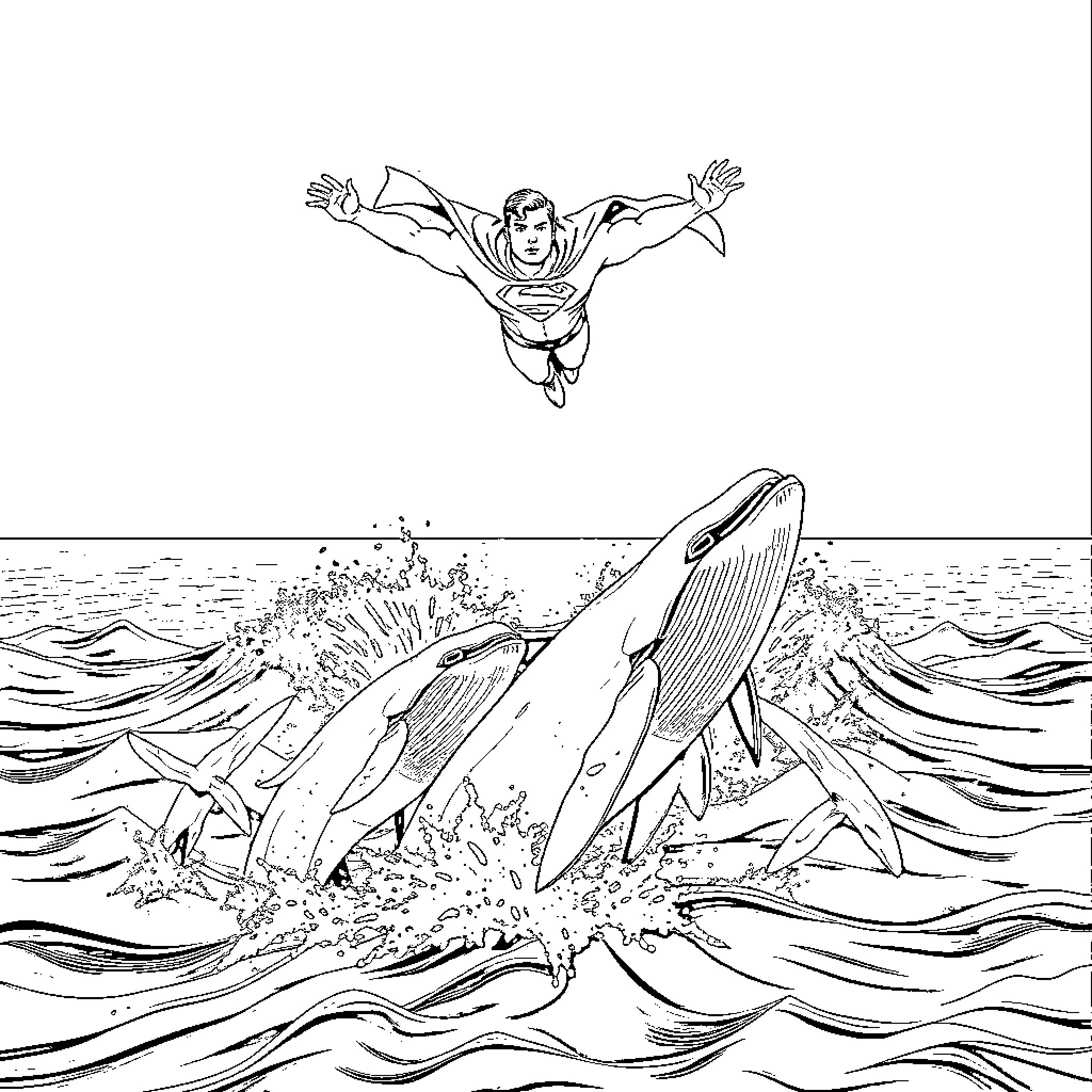 Superman soaring through the skies and diving into the sea Coloring Page (free black-and-white line drawing printable PDF for all, from beginners to advanced learners, including children, teens, adults, and seniors)