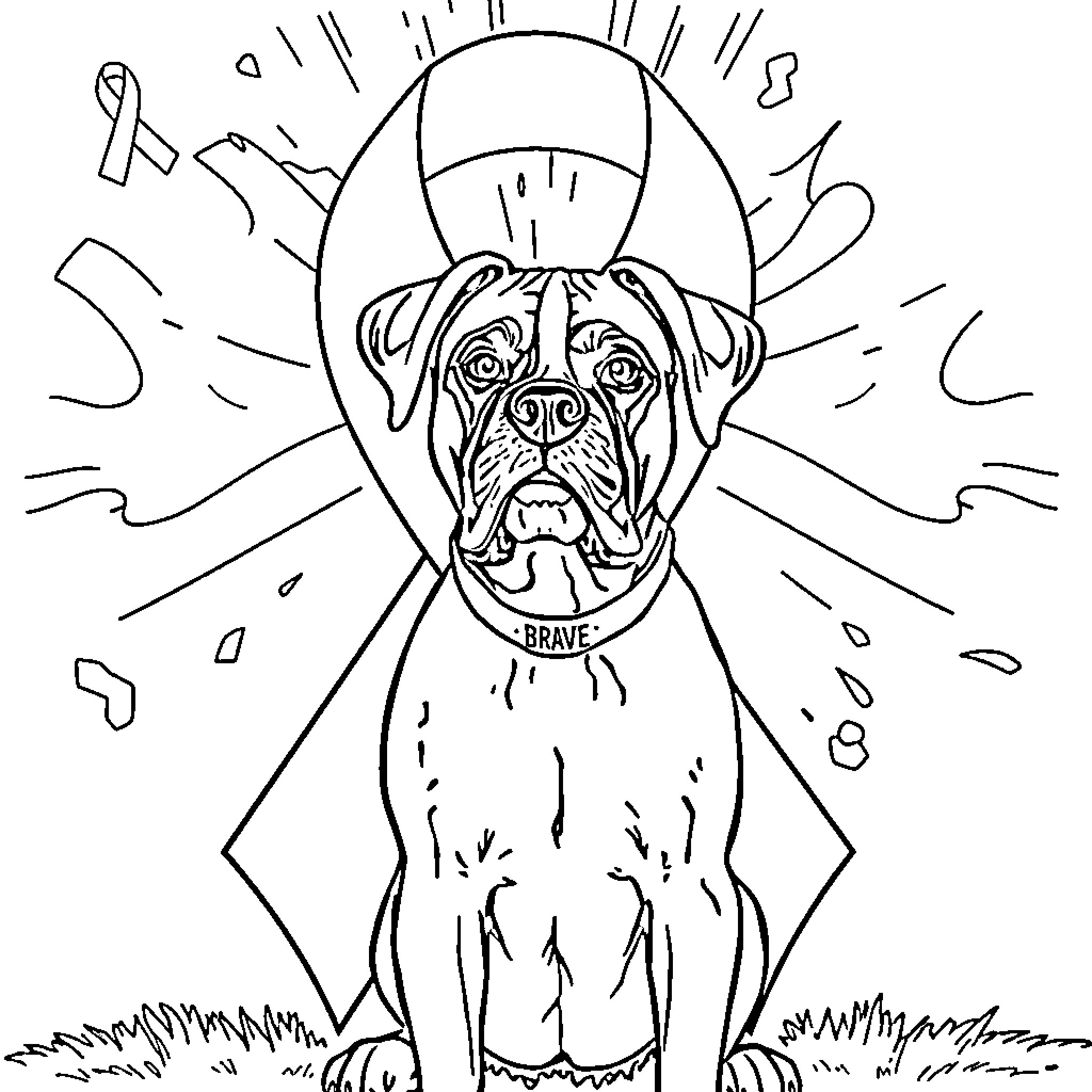 Boxer dog in heroic pose with dramatic background Coloring Page (free black-and-white line drawing printable PDF for all, from beginners to advanced learners, including children, teens, adults, and seniors)