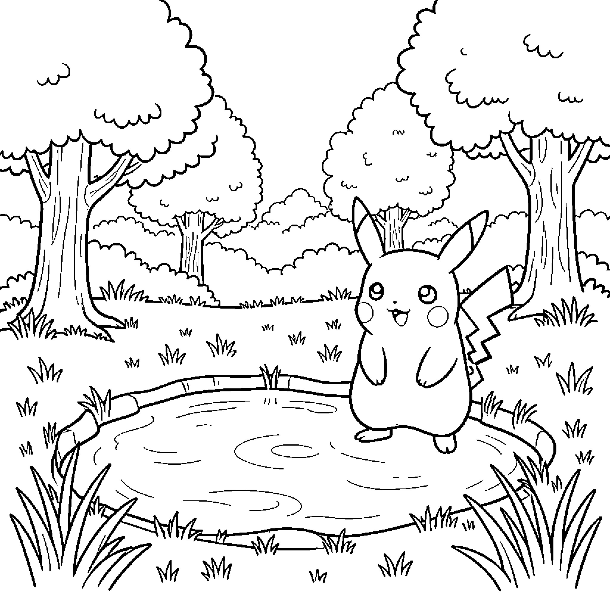 Pikachu standing happily near a small pond Coloring Page (free black-and-white line drawing printable PDF for all, from beginners to advanced learners, including children, teens, adults, and seniors)