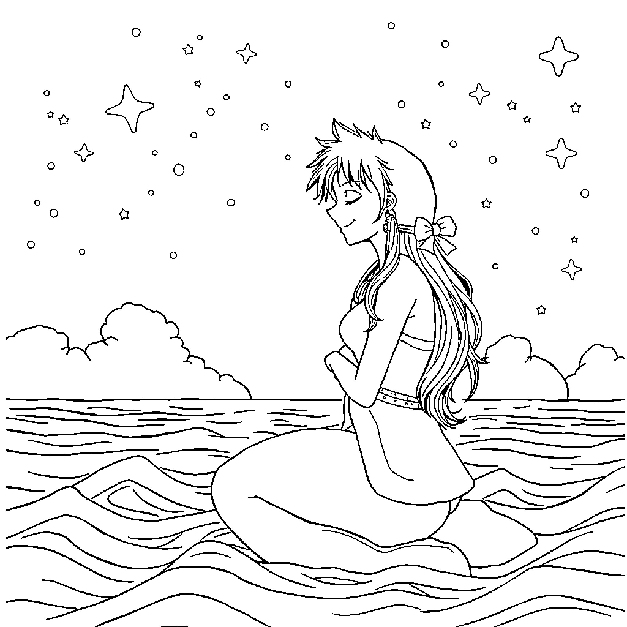 Luffy relaxing on the waves under the starry sky Coloring Page (free black-and-white line drawing printable PDF for all, from beginners to advanced learners, including children, teens, adults, and seniors)