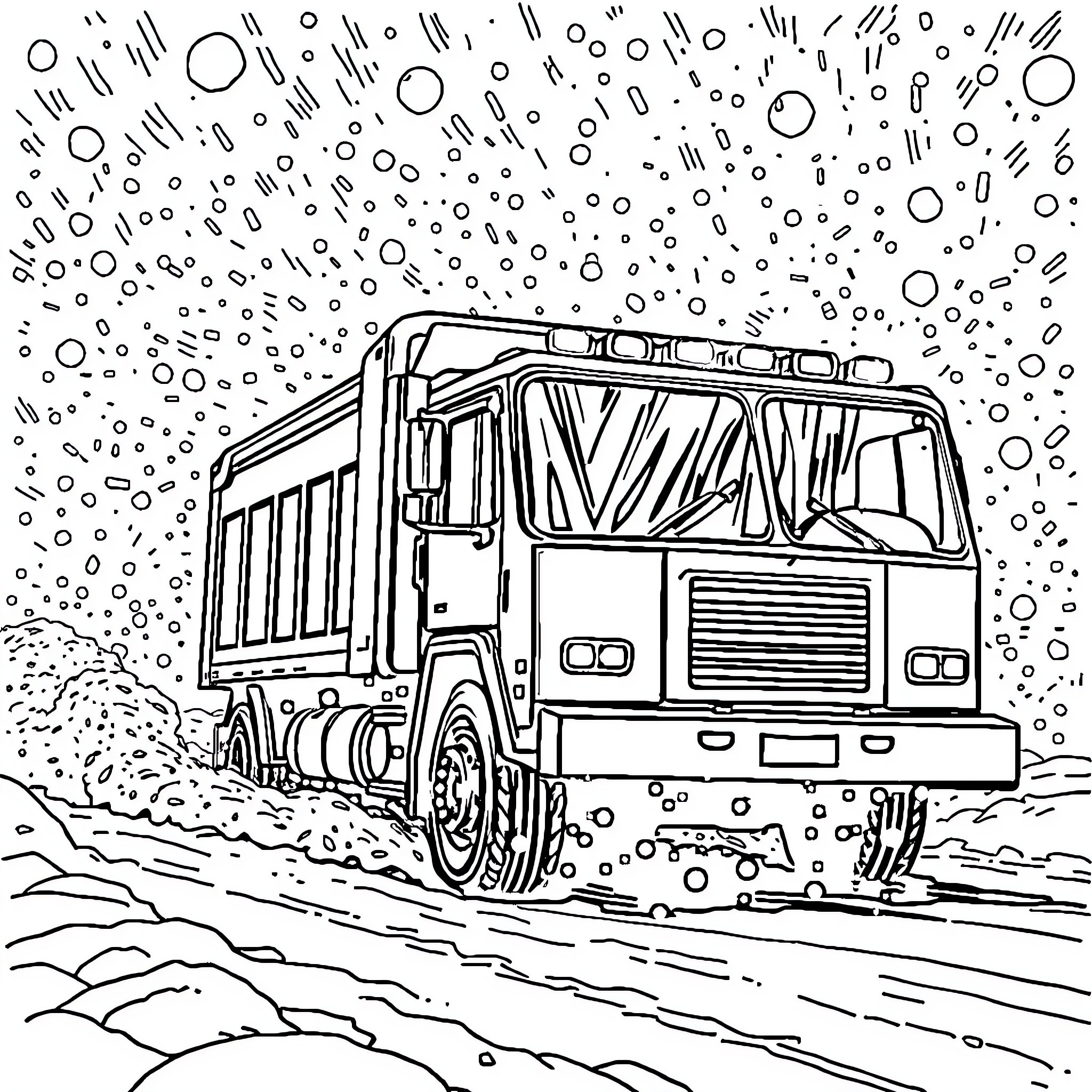 Trash Truck Hauling Waste in Snowy Landscape Coloring Page (free black-and-white line drawing printable PDF for all, from beginners to advanced learners, including children, teens, adults, and seniors)