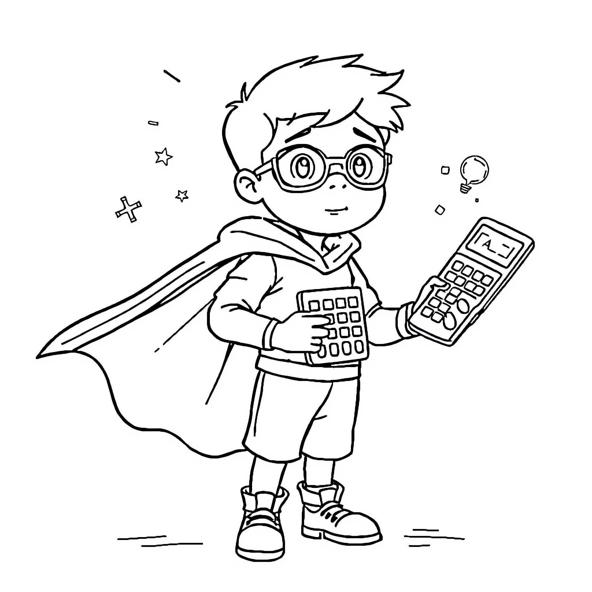 Math Superhero Solving Complex Equations Coloring Page (free black-and-white line drawing printable PDF for all, from beginners to advanced learners, including children, teens, adults, and seniors)