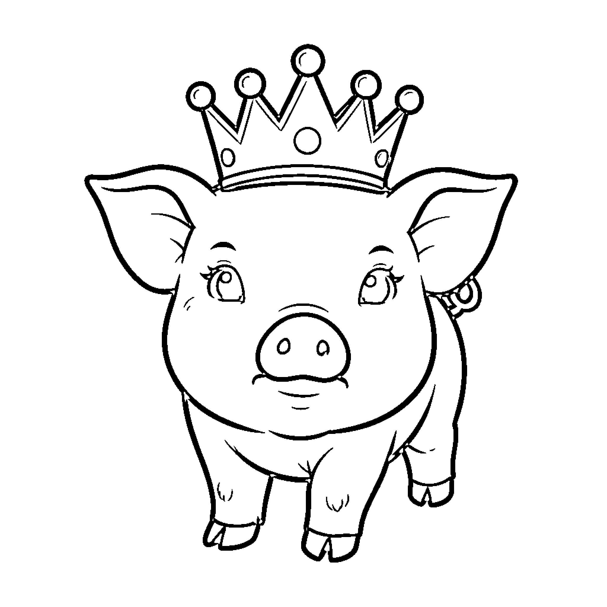 Piglet wearing a royal crown with a sweet expression Coloring Page (free black-and-white line drawing printable PDF for all, from beginners to advanced learners, including children, teens, adults, and seniors)