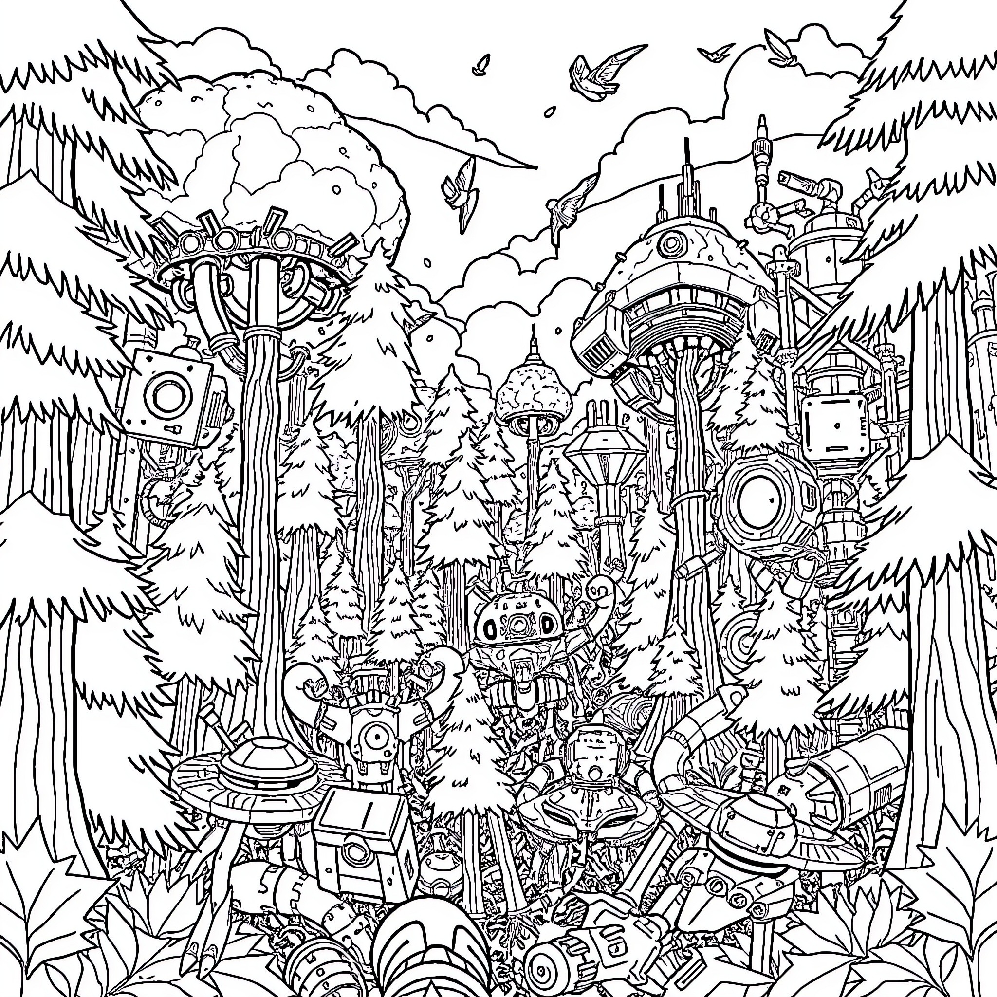 Machine Exploring Futuristic Enchanted Forest Landscape Coloring Page (free black-and-white line drawing printable PDF for all, from beginners to advanced learners, including children, teens, adults, and seniors)