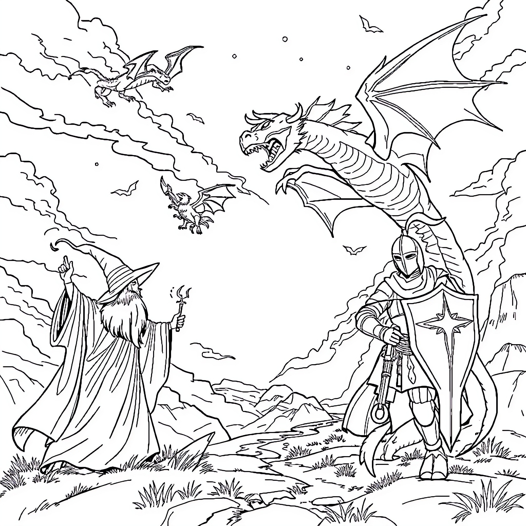 Wizard battles fearsome dragons in mythical landscape Coloring Page (free black-and-white line drawing printable PDF for all, from beginners to advanced learners, including children, teens, adults, and seniors)