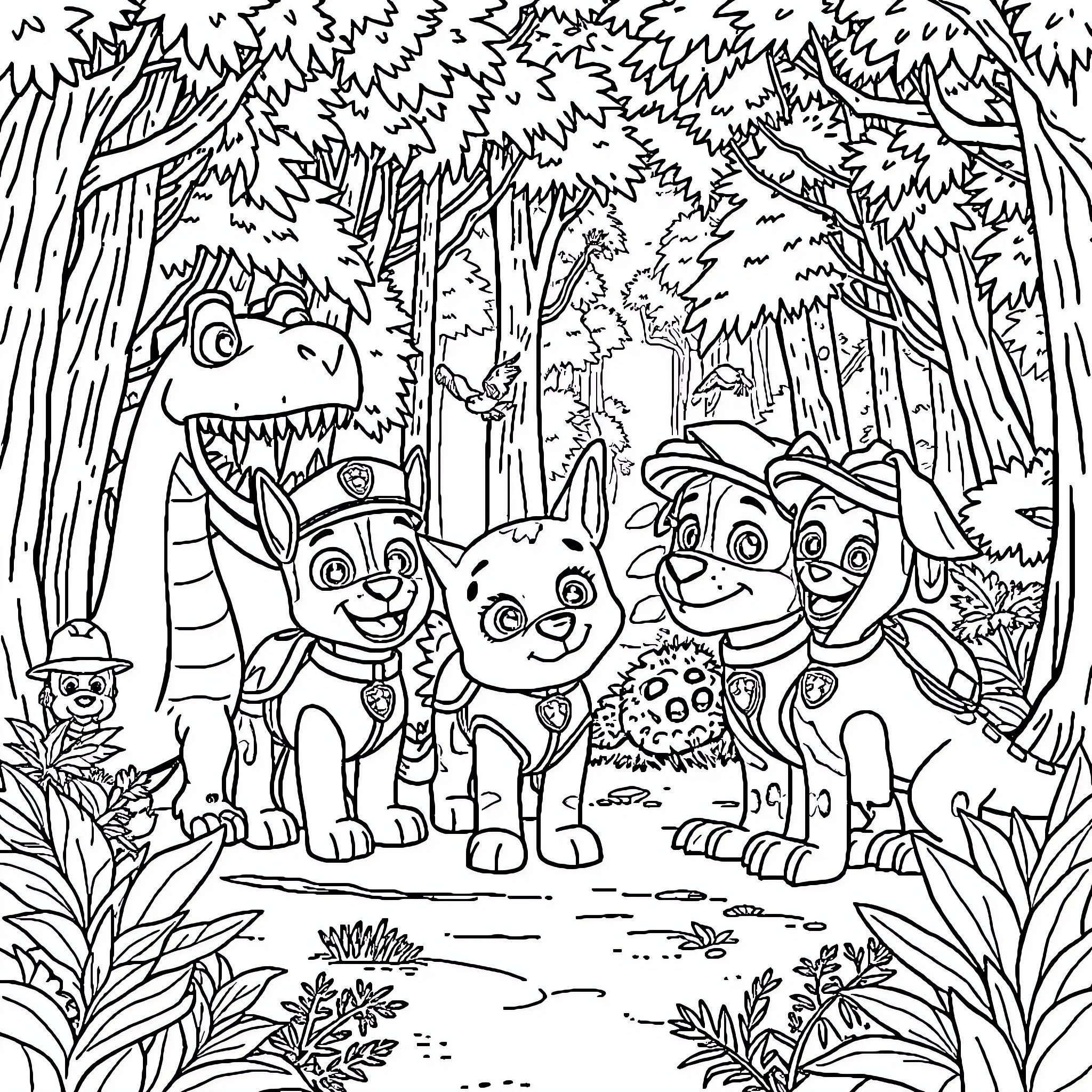 Paw Patrol characters exploring the forest Coloring Page (free black-and-white line drawing printable PDF for all, from beginners to advanced learners, including children, teens, adults, and seniors)